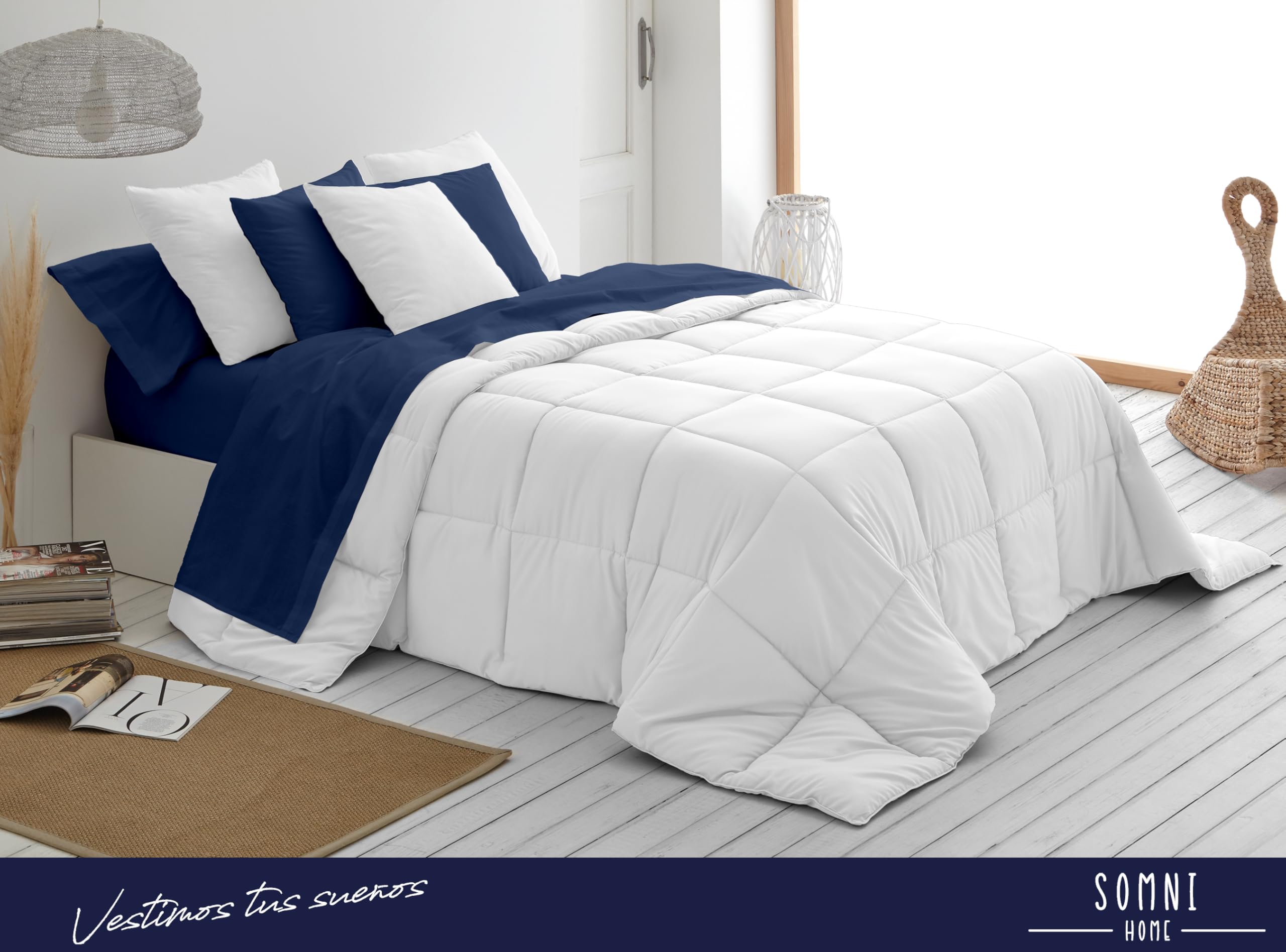 SOMNI HOME Relleno Nórdico Doble. Tacto Pluma. Blanco Acolchado Cuadros Liso. Suave Comodo Ligero. Relleno para Funda Nórdica. 400 gr. 220x220 cm Cama 135 cm