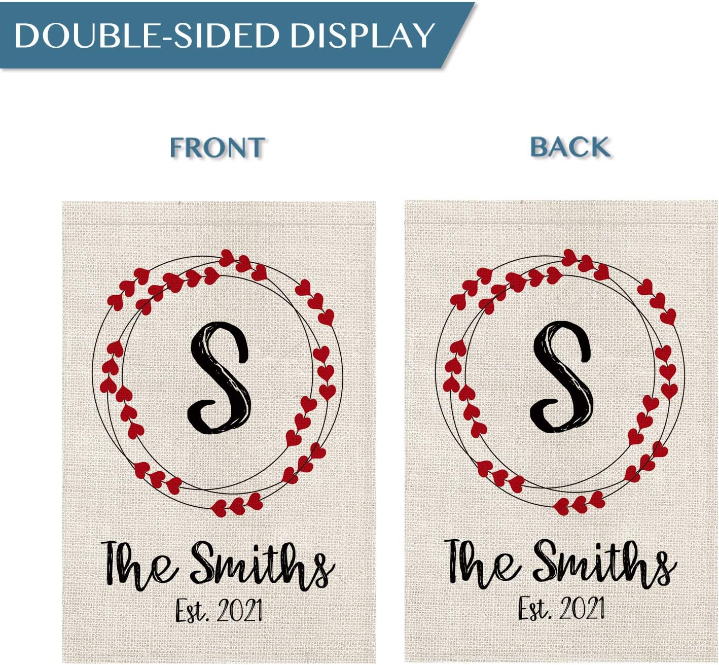 Smile Personalized Valentine's Day House Flag, Love Hearts Customized Initial Family Name and Establish Year Wreath, Double Sided 28 x 40 Inch Rustic Farmhouse Burlap Yard Outdoor Decoration