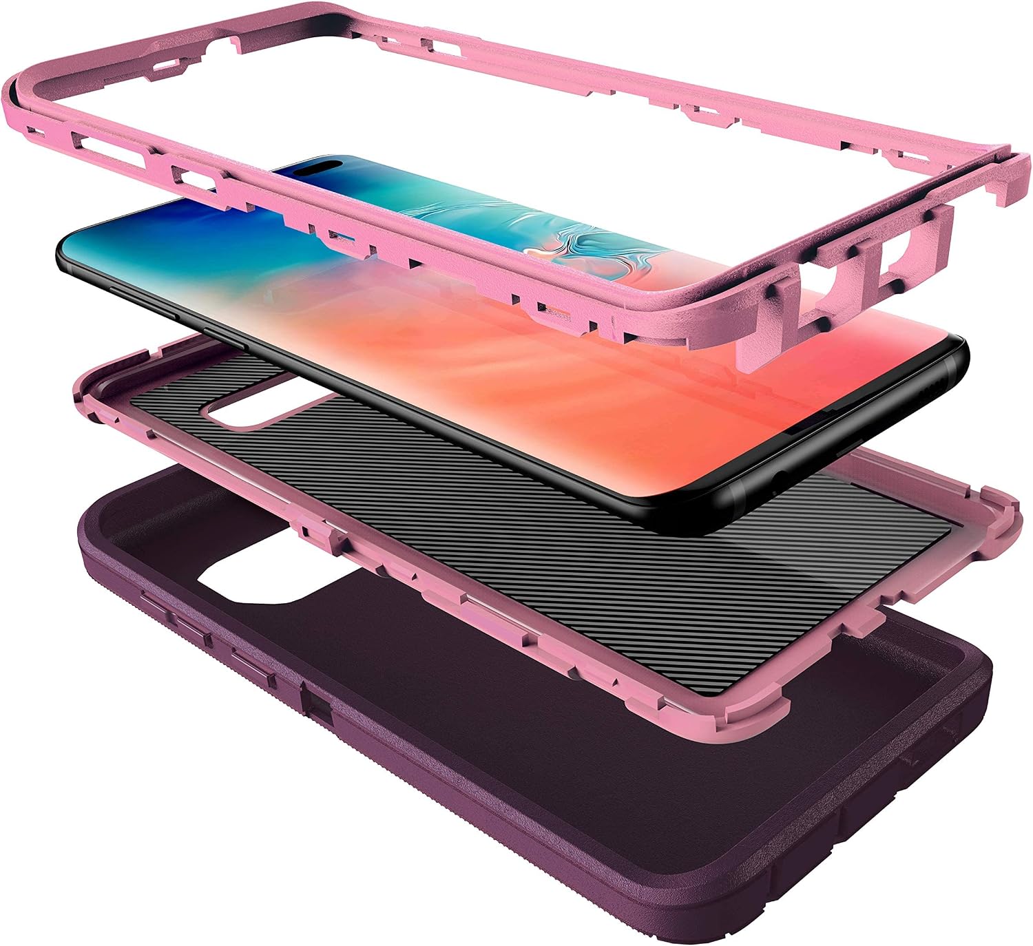 MXX Galaxy S10 Plus Case, 3 in 1 Shockproof TPU Silicone Core + PC Frame Case Cover for Samsung Galaxy S10 Plus - Plum/Light Pink