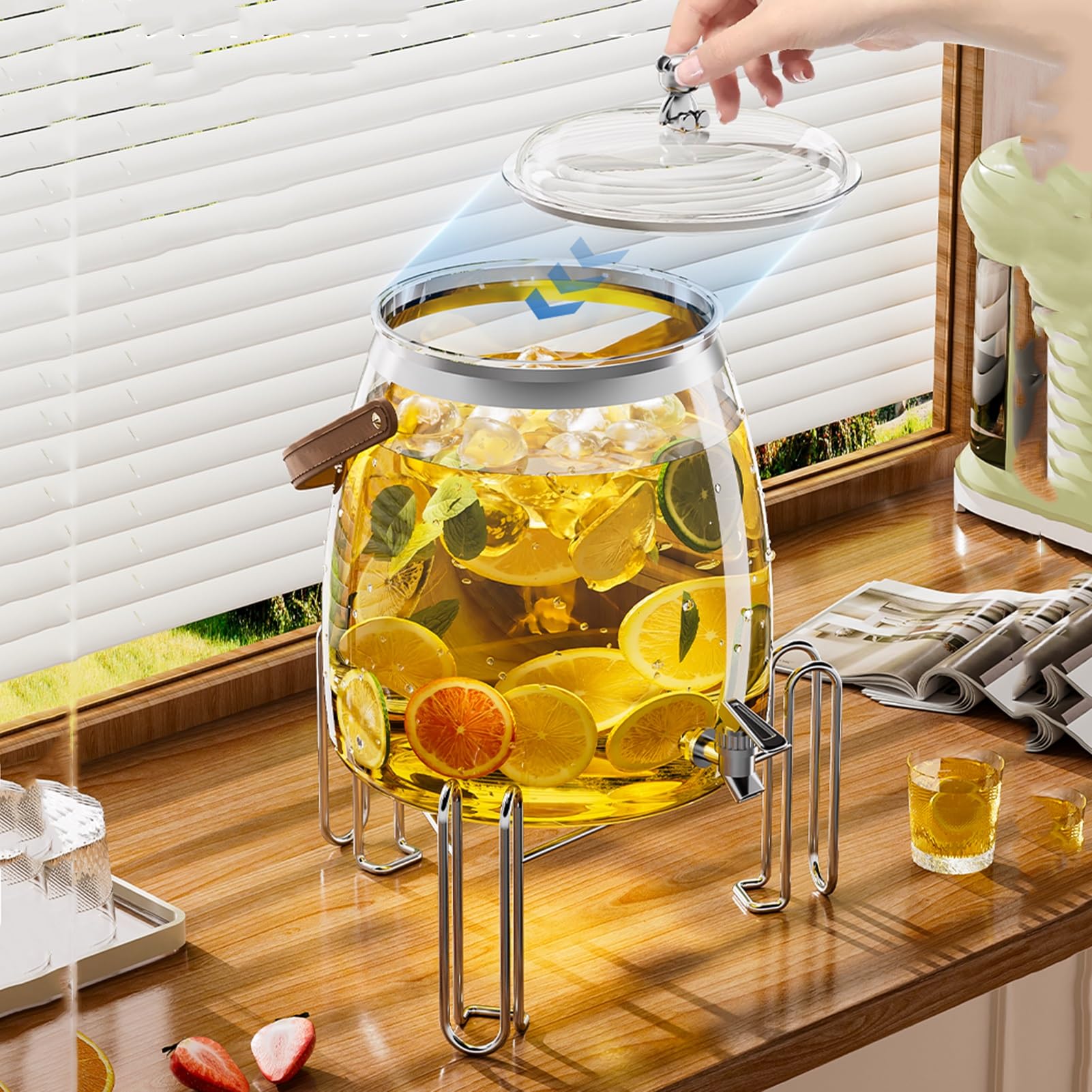 Dispensador de Bebidas de Vidrio con Soporte y Tapa, Grifo de Acero Inoxidable A Prueba de Fugas, Dispensadores de Bebidas para Frigorífico, Dispensador de Limonada(9L)