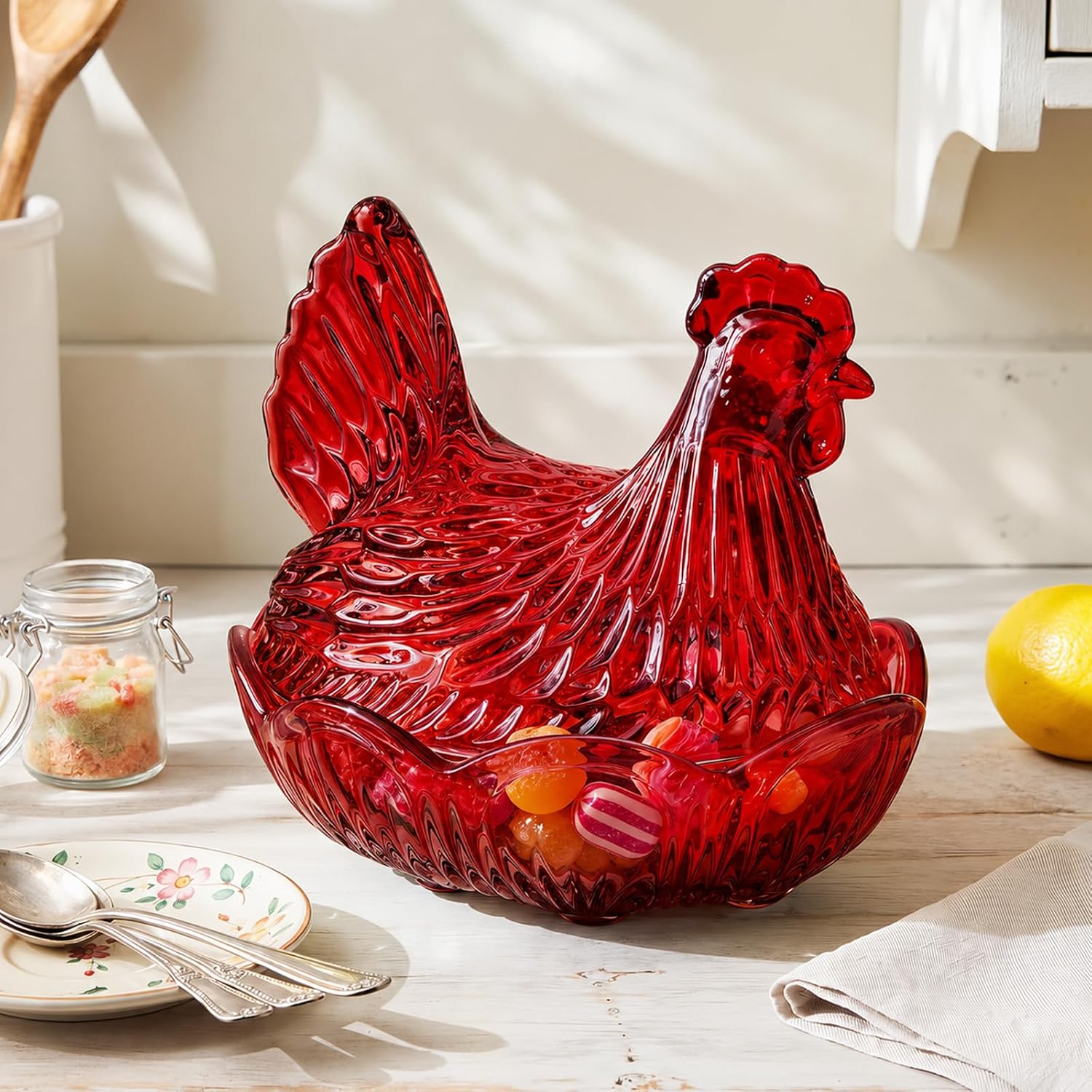 Lace Edge Vintage Glass Hen on Nest Dish with Lid Pedestal Rooster Glass Candy Bowl Decorative Crystal Candy Jar for Snacks Dessert Cookies Home Kitchen Office Decor, 6.69 x 5.51 x 5.71 Inch