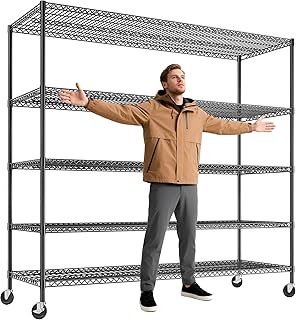 REIBII 85.7"H Garage Shelving 2998LBS Storage Shelves with Wheels&Feet,5 Tier Garage Shelves Heavy Duty Adjustable Wire Shelving for Basement Commercial Industrial Pantry, 85.7"H X 55.5"W X 24.2"D