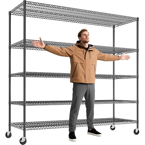 REIBII 85.7"H Storage Shelves 2998LBS Metal Shelving Units with Wheels&Feet, 5 Tier Garage Shelving Heavy Duty Adjustable Wire Shelf for Pantry Garage Commercial Industrials, 85.7"H X 55.5"W X 24.2"D