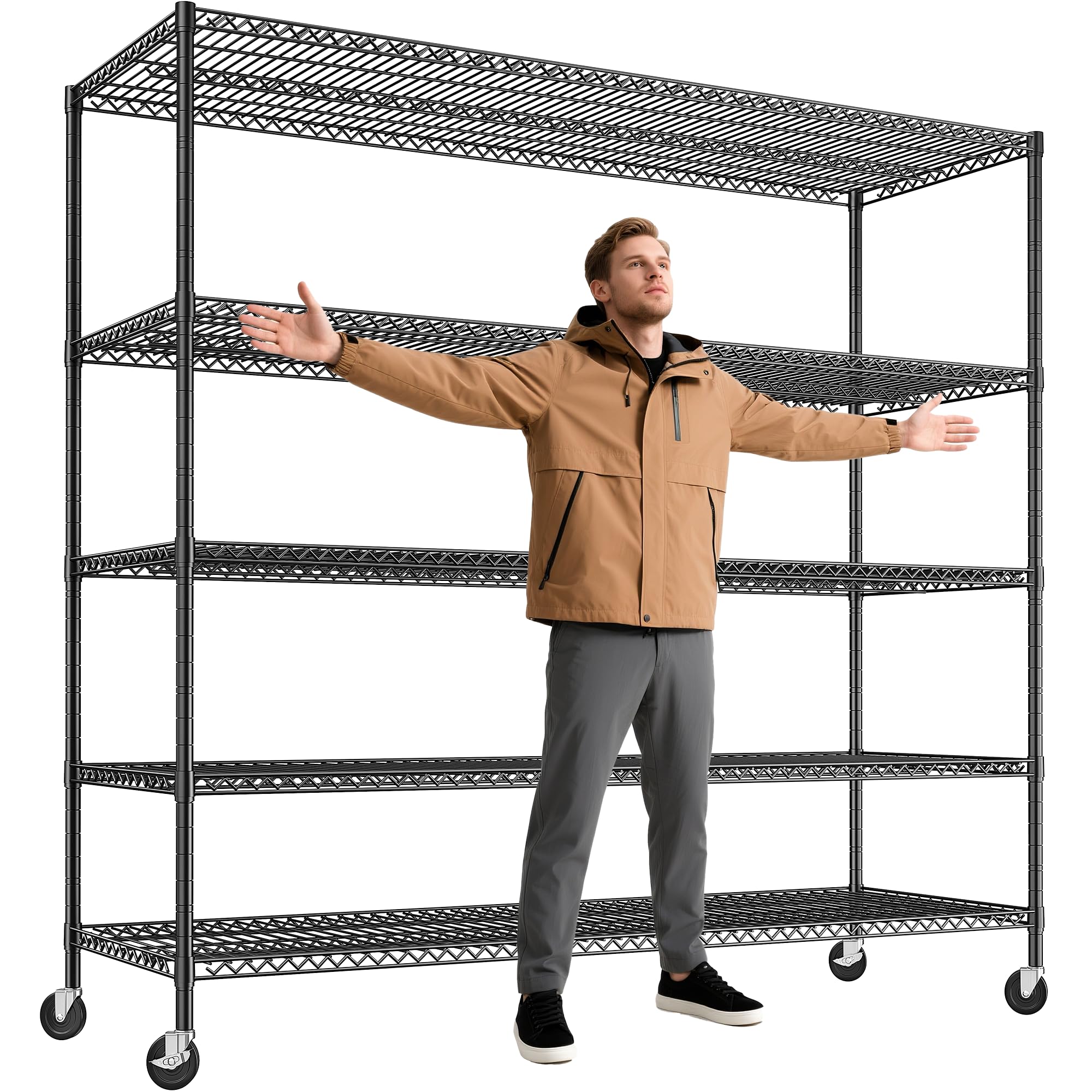85.7"H Garage Shelving 2998LBS Storage Shelves with Wheels&Feet,5 Tier Garage Shelves Heavy Duty Adjustable Wire Shelving for Basement Commercial Industrial Pantry, 85.7"H X 55.5"W X 24.2"D
