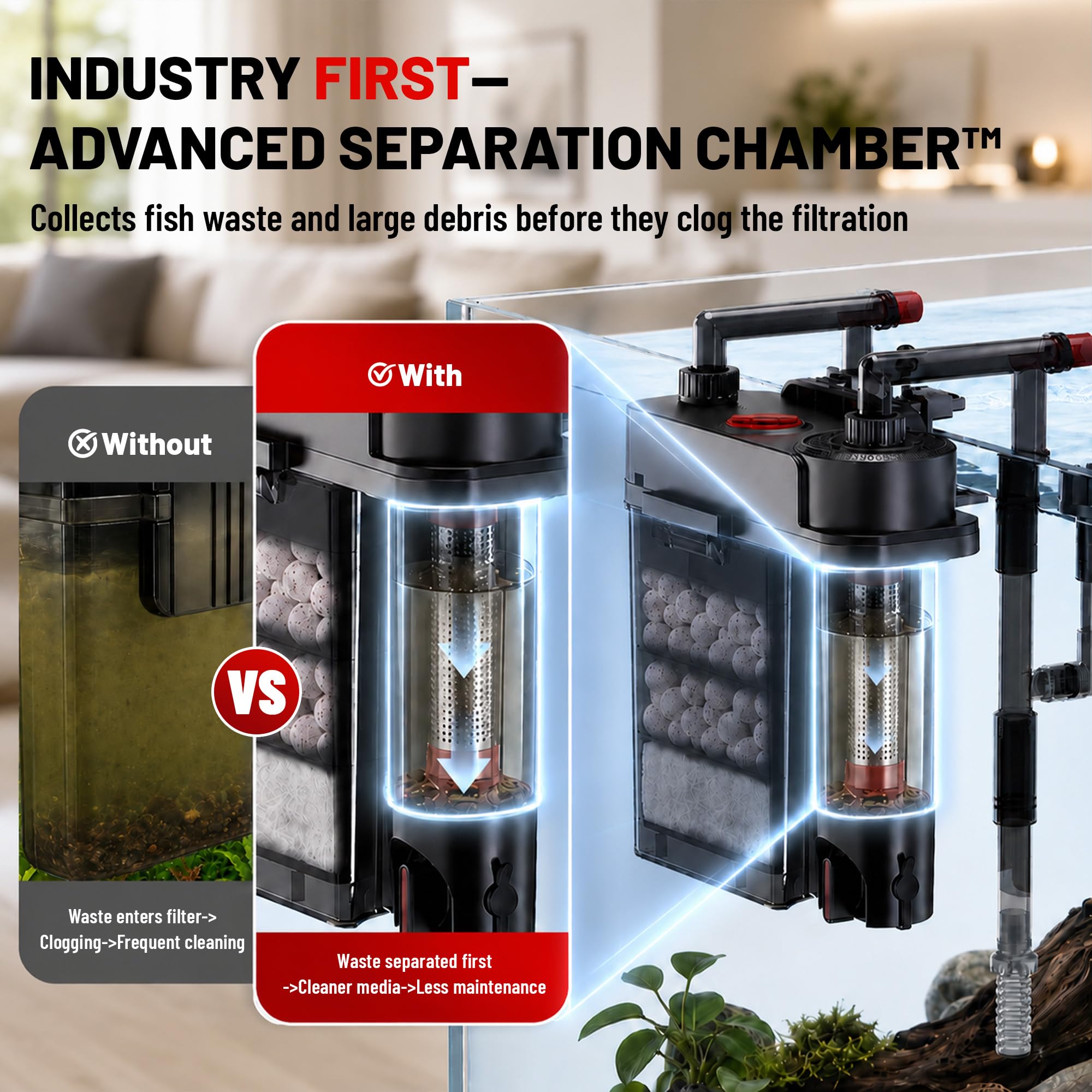AQUASMITH Filtro de acuario para colgar en la parte posterior, filtro silencioso para pecera con recipiente de separación de residuos dedicado, agua de fácil cambio, filtración de 4 etapas, drenaje de