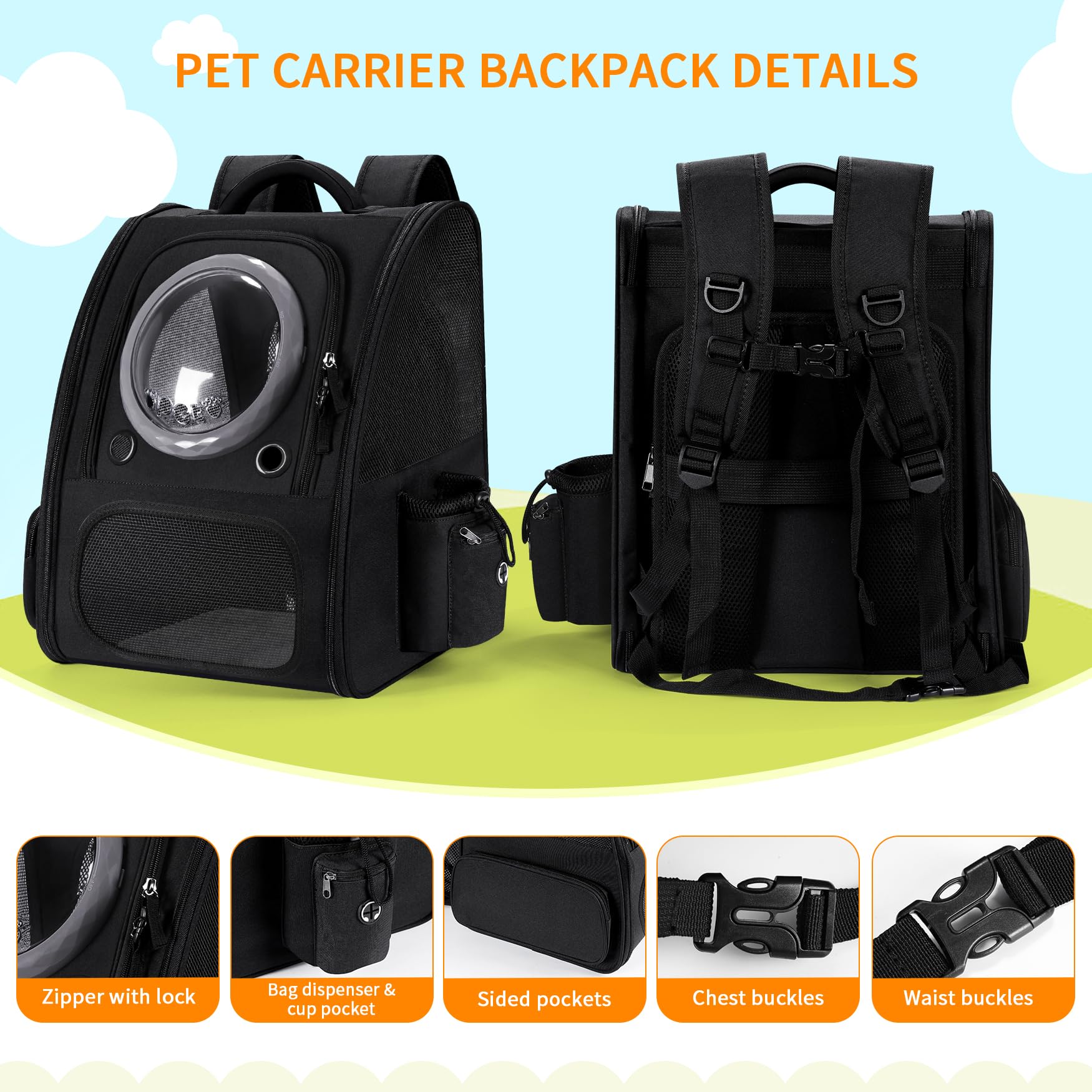 Dogs Backpack Carrier, Expandable Cat Carrier Backpack,Breathable Bubble Pet Backpack for Cat,Kitten and Small Puppy, Large Space,Portable Bags Foldable Cat Backpack for Traveling,Hiking(Black) - image 7