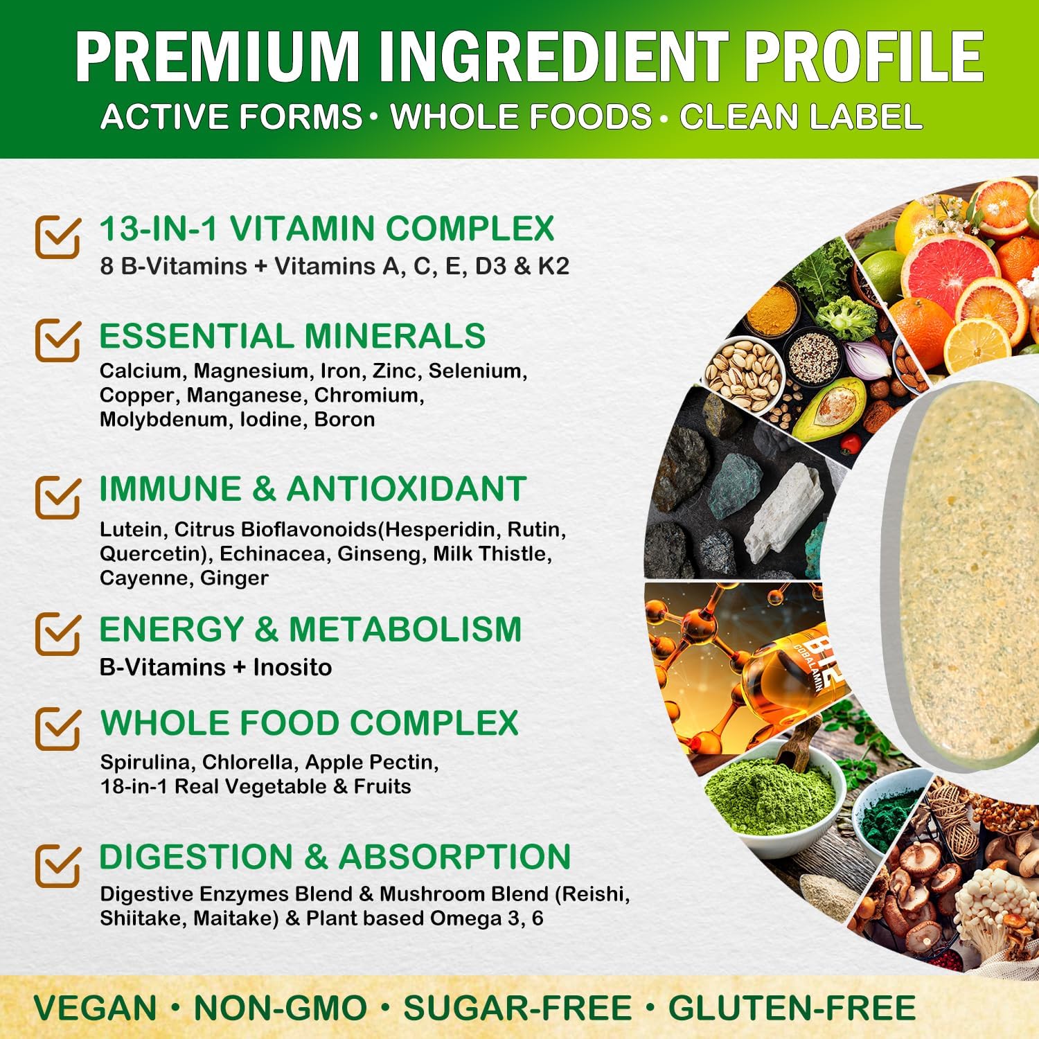 Vegan Whole Food Multivitamin for Men, Methylated Multivitamin for Men and Women, Organic Fruit and Veggies Supplement, Herb & Mushroom Blend, Plant Omegas, All Natural, Non-GMO, 180 Count