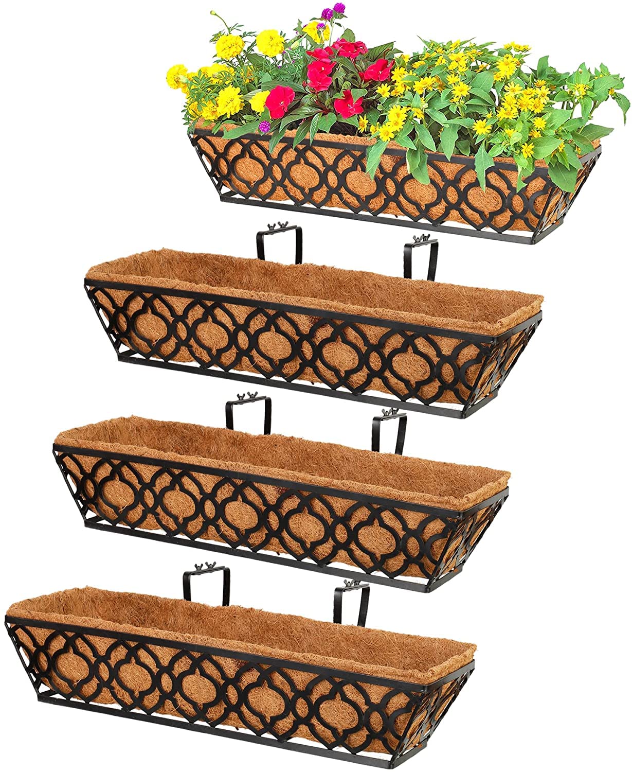 HFHOME4Pcs 24"/60.9cm Railing Planter Box, Metal Wall Trough Rail Planters with Coco Liner and Adjustable Brackets, Gardening Kit for Window Box Porch Balcony Fences