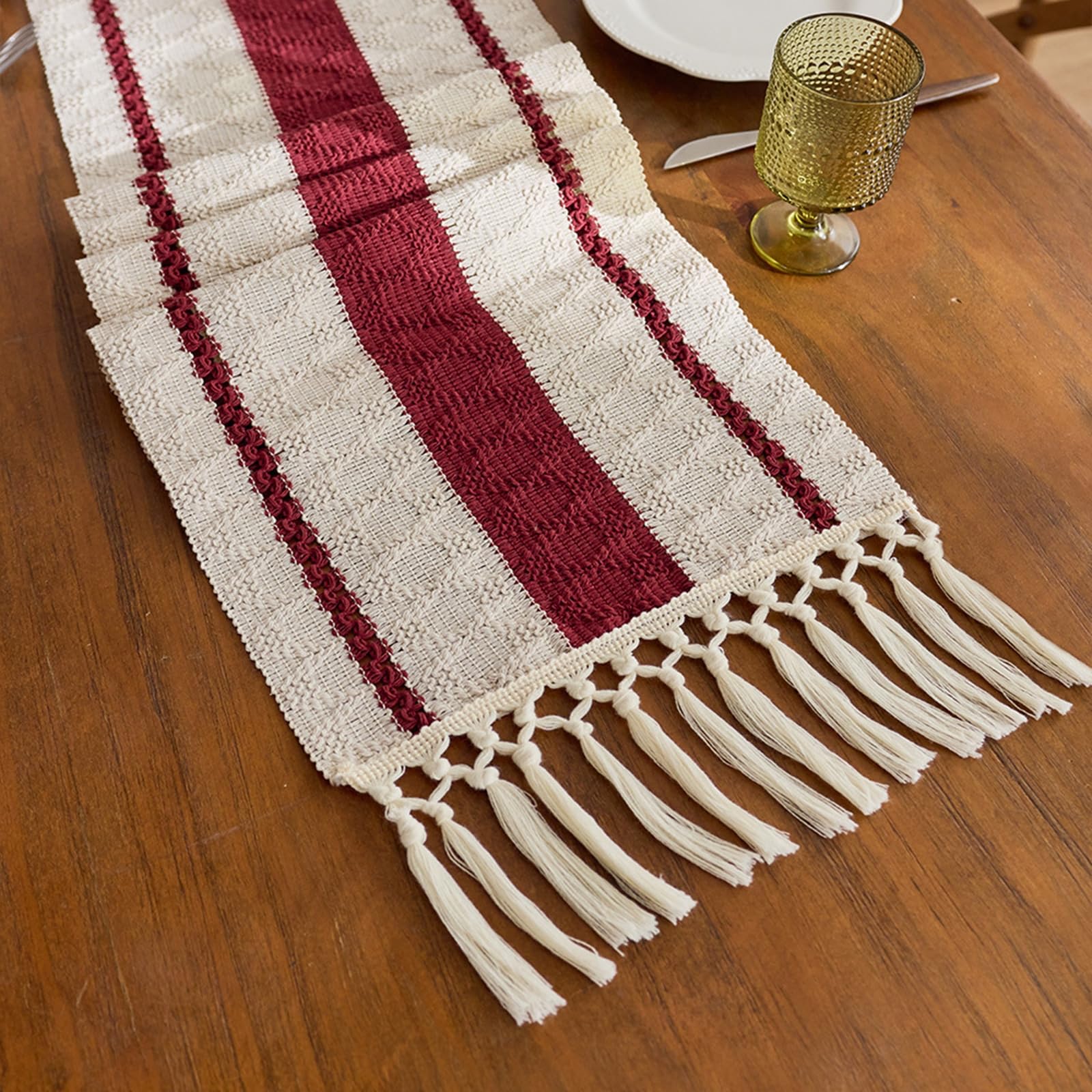 Rot Beige Tischläufer Baumwolle, Makramee Boho Tischläufer Esstisch Abwaschbar Hohl Gewebter Geometrisch Oval Muster mit Quasten Tischdecke für Esszimmer Dekor, 30x260 cm, Rot Beige