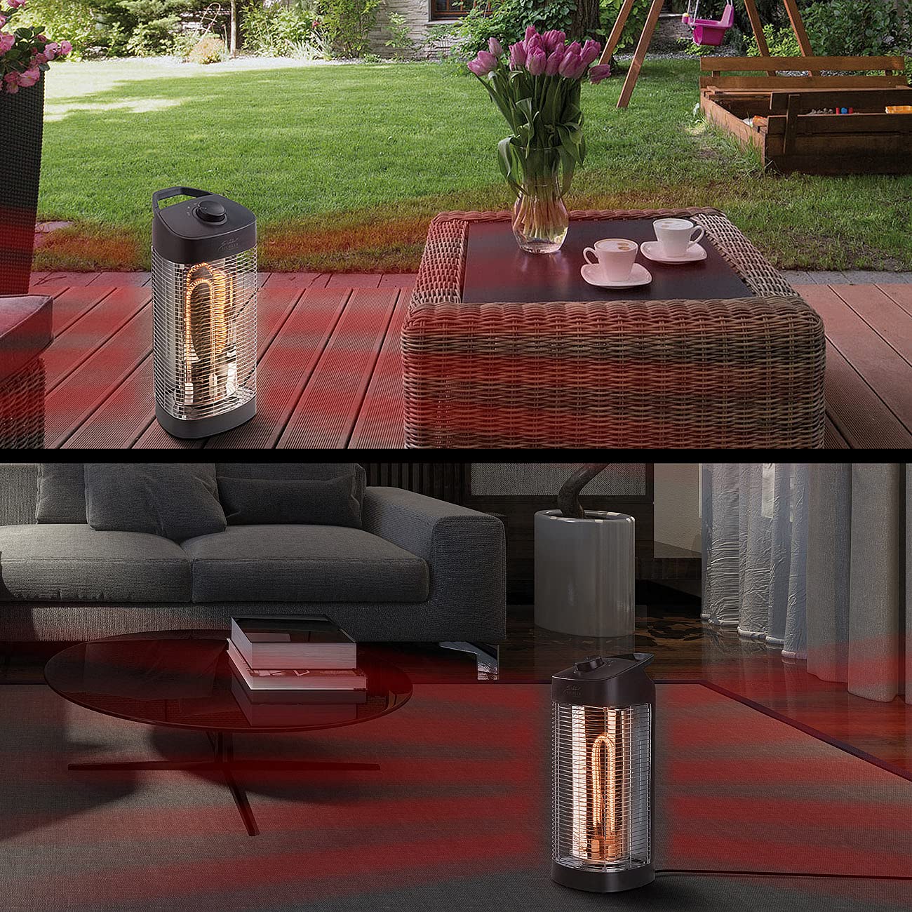 Sichler Haushaltsgeräte Stufa a infrarossi da terra oscillante 1200 W IP24 per interni ed esterni protetti nera