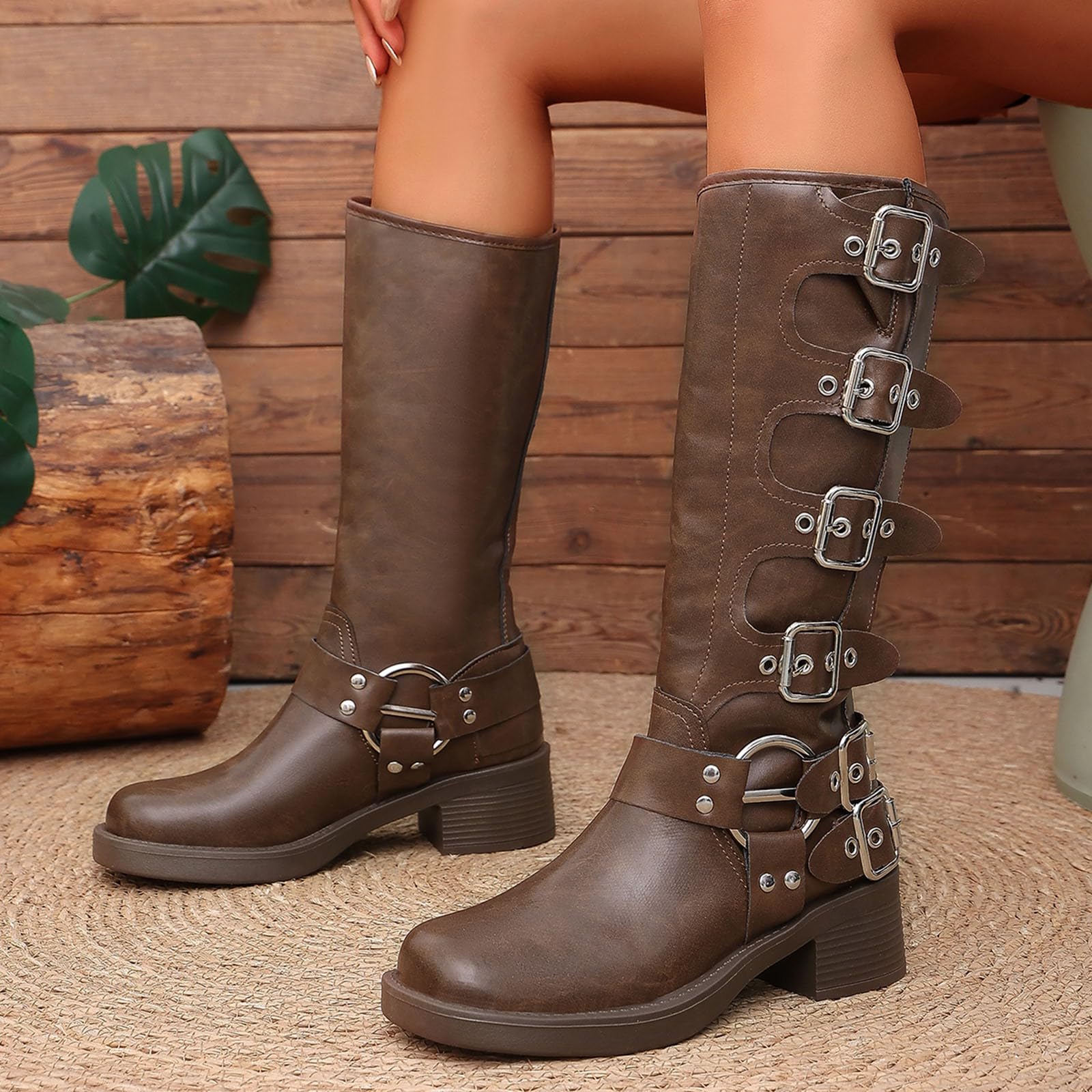 Botas de Invierno Mujer Botas Altas con Hebilla de cinturón, Vaqueras tacón Grueso Moda para