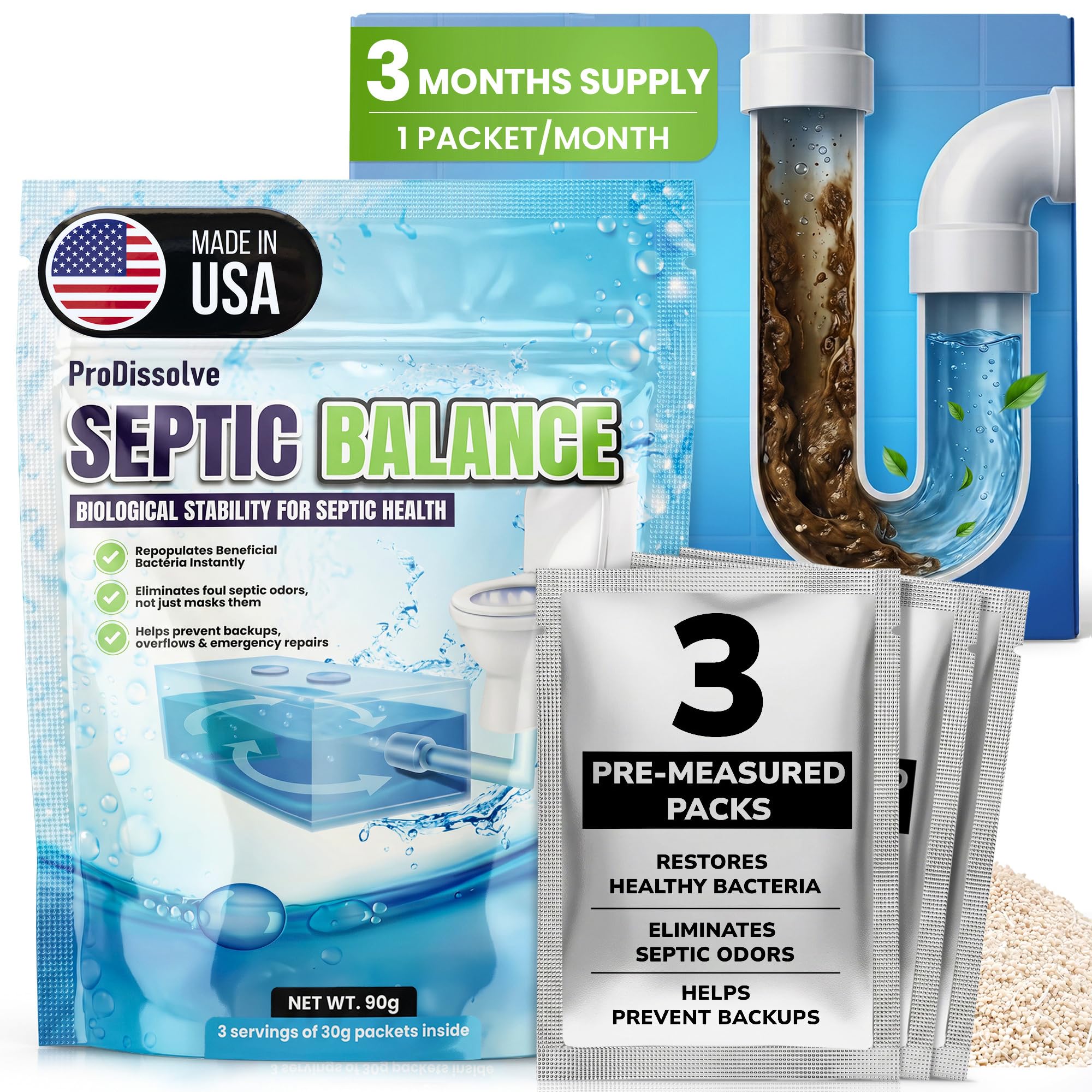 Septic Balance, 3 Septic Tank Treatments - 3 Month Supply – Septic Tank Cleaner with Natural Enzymes – Drainage Solutions to Digest Clogs, Odor, Sludge &amp; Grease