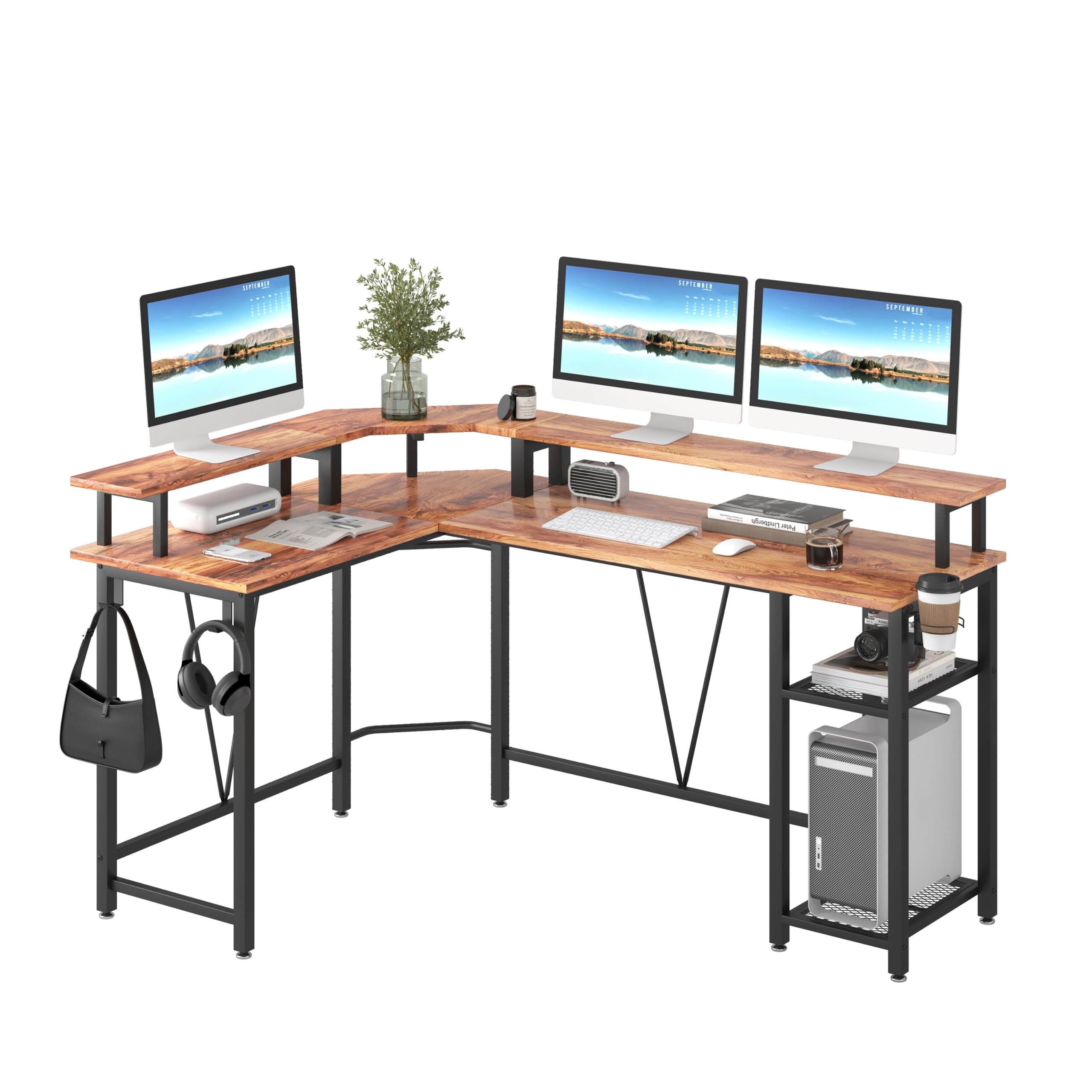 TREETALKComputer desk, L-shaped Gaming Desk with Extra-Large Monitor Stand,Corner Desk with 2-Layer Adjustable Storage Shelf Hooks and Cup Holder Writing Table for Office Home (Walnut)