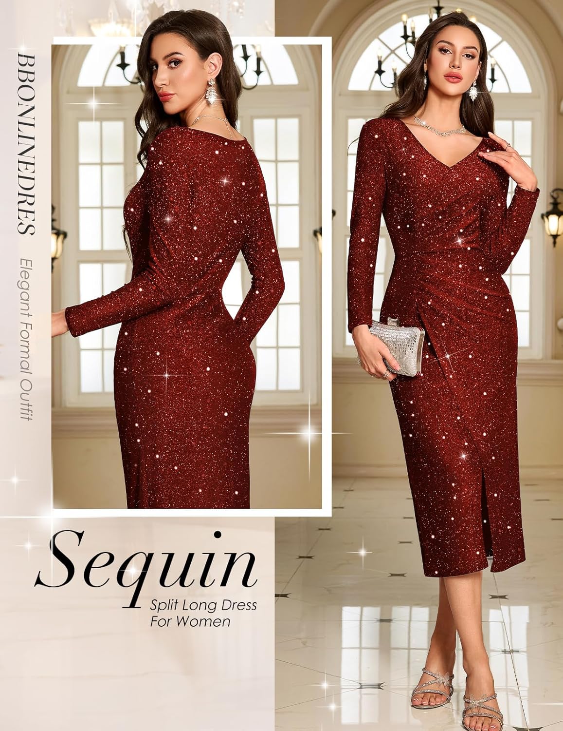 Bbonlinedress Women Maxi Long Split V Neck Wrap Wedding Guest Dress Long Sleeve Glitter Sequin for Gowns Cocktail - Image 2