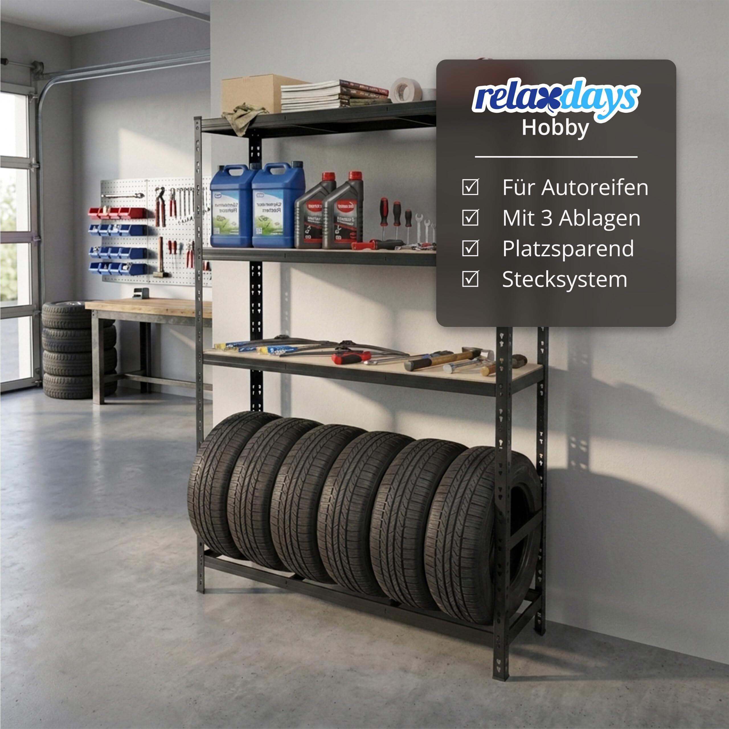Relaxdays Reifenregal für 6 Reifen, HxBxT 180 x 120 x 40 cm, 600 kg, Stahl, Stecksystem, Reifenlager Werkstatt, schwarz