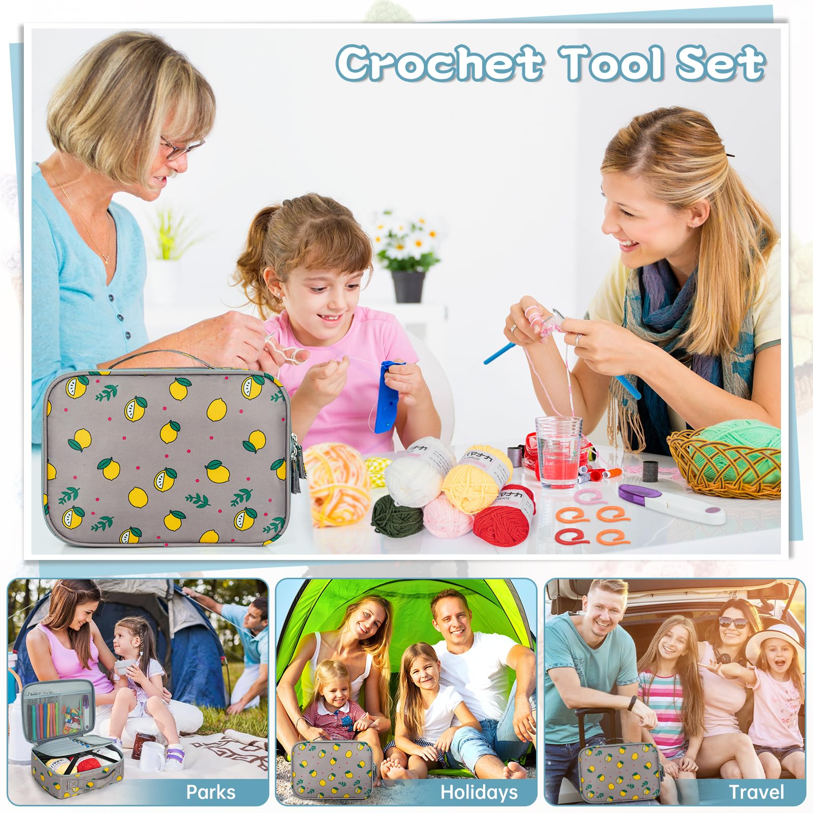 GMAK Kit de ganchillo para principiantes, adultos y niños, 59 piezas de ganchillo que incluyen hilo, ganchos de ganchillo y herramientas, kit de inicio de ganchillo portátil para hacer proyectos