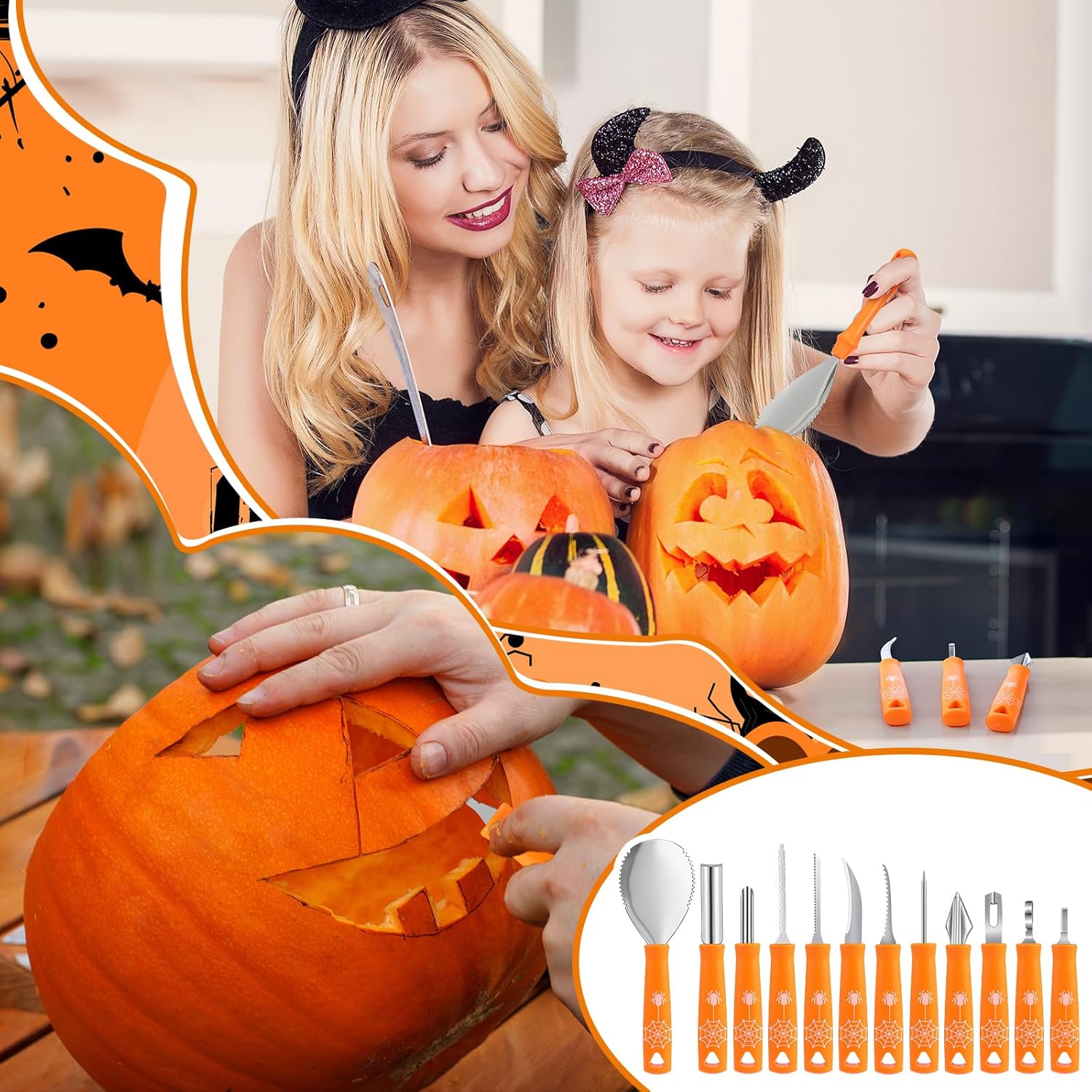 74 Pcs Pumpkin Carving Kit Halloween include 24 Steel Carving Tools, 48 Different Stencils, and 2 Halloween Pattern Totes Non-woven Treat Bags, DIY Decoration Supplies for Pumpkin
