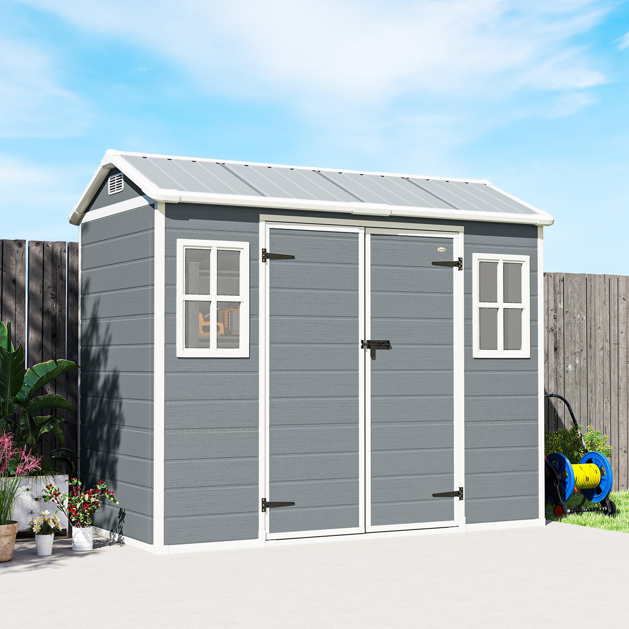 Outsunny 8 x 4 ft Resin Garden Shed, Wood-Effect Outdoor Storage Shed with Floor, Double Windows, Lockable Doors and Vents, for Tools, Bike, Generator, Light Grey — view 9