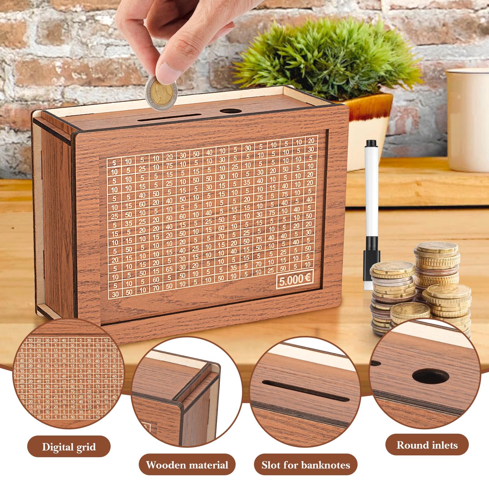 Salvadanaio Conta Soldi In Legno Con Obiettivo - Salvadanaio Riutilizzabile Bczhieulw Per Risparmiare 5000€ - Foto 4