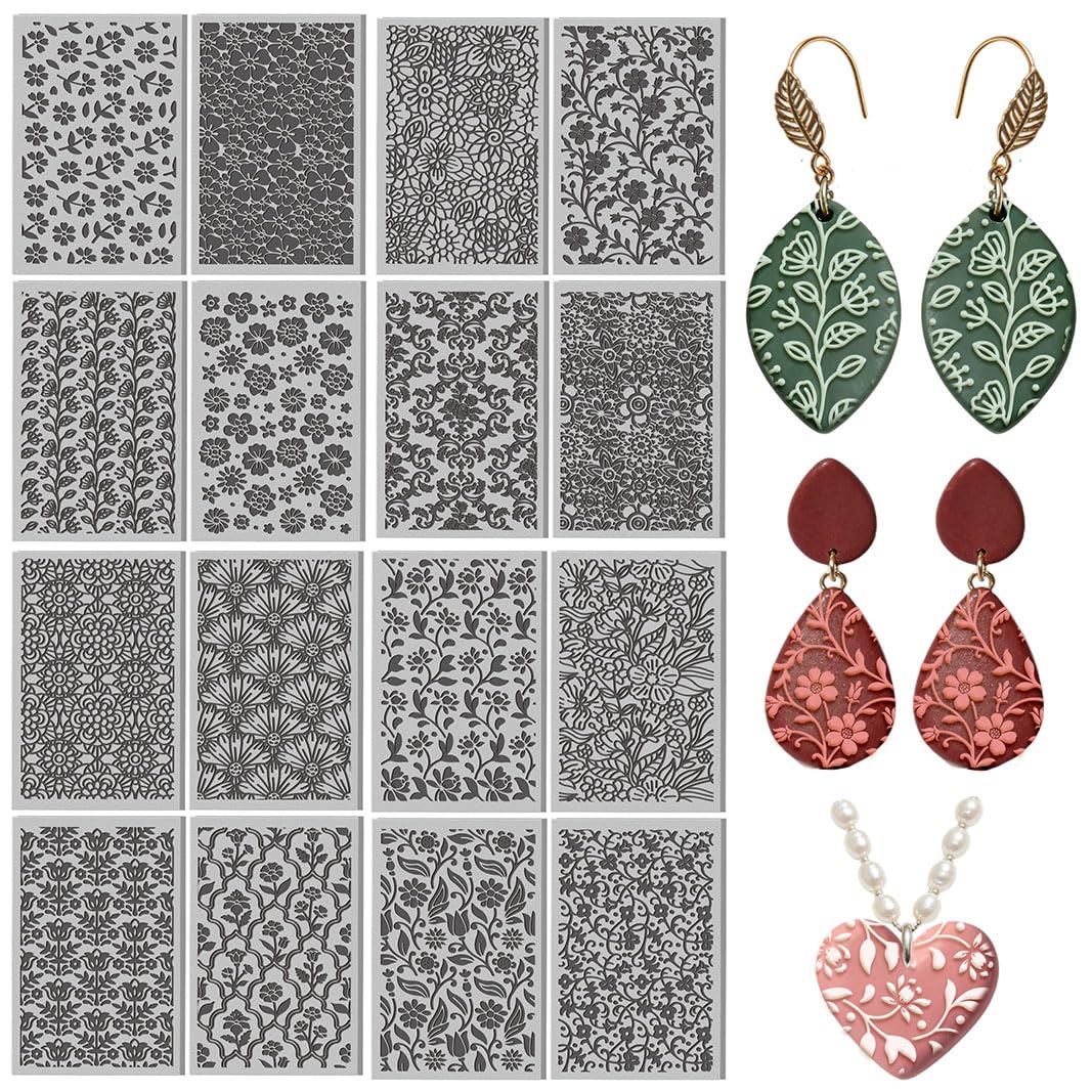 16 Pcs Complex Flowers Pattern Polymer Clay Texture Sheet Regular Patterns of Flowers Rubber Clay Texture Mat for Polymer Clays Making Earrings Jewelry DIY Crafts 4 × 2.5 Inch