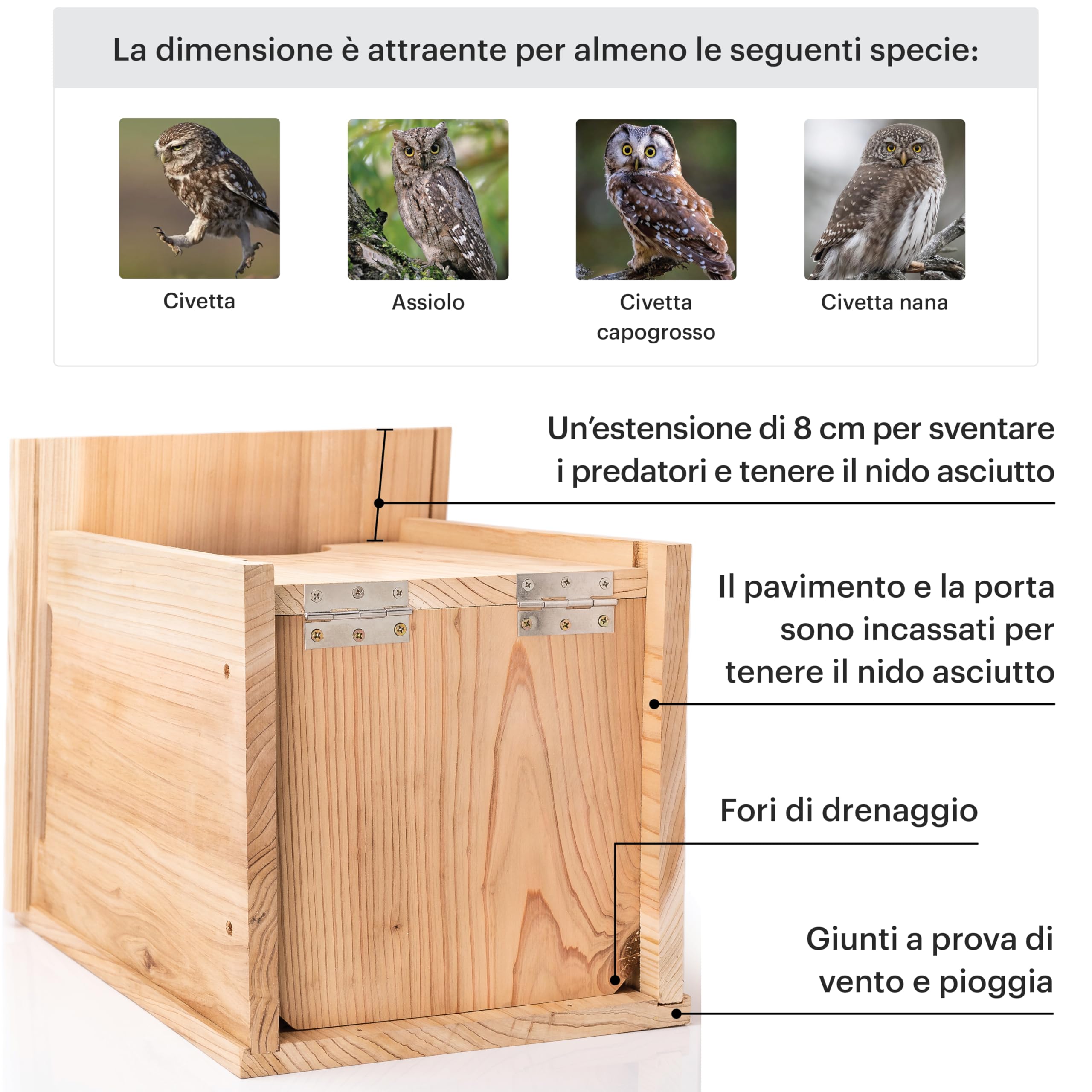 WHITEHORSE Grande Casetta per Gufi - Legno di Cedro Premium - Design Impermeabile - 41 x 30 x 28 cm - Una Casa di Nidificazione per Diversi Specie di Gufi Europei