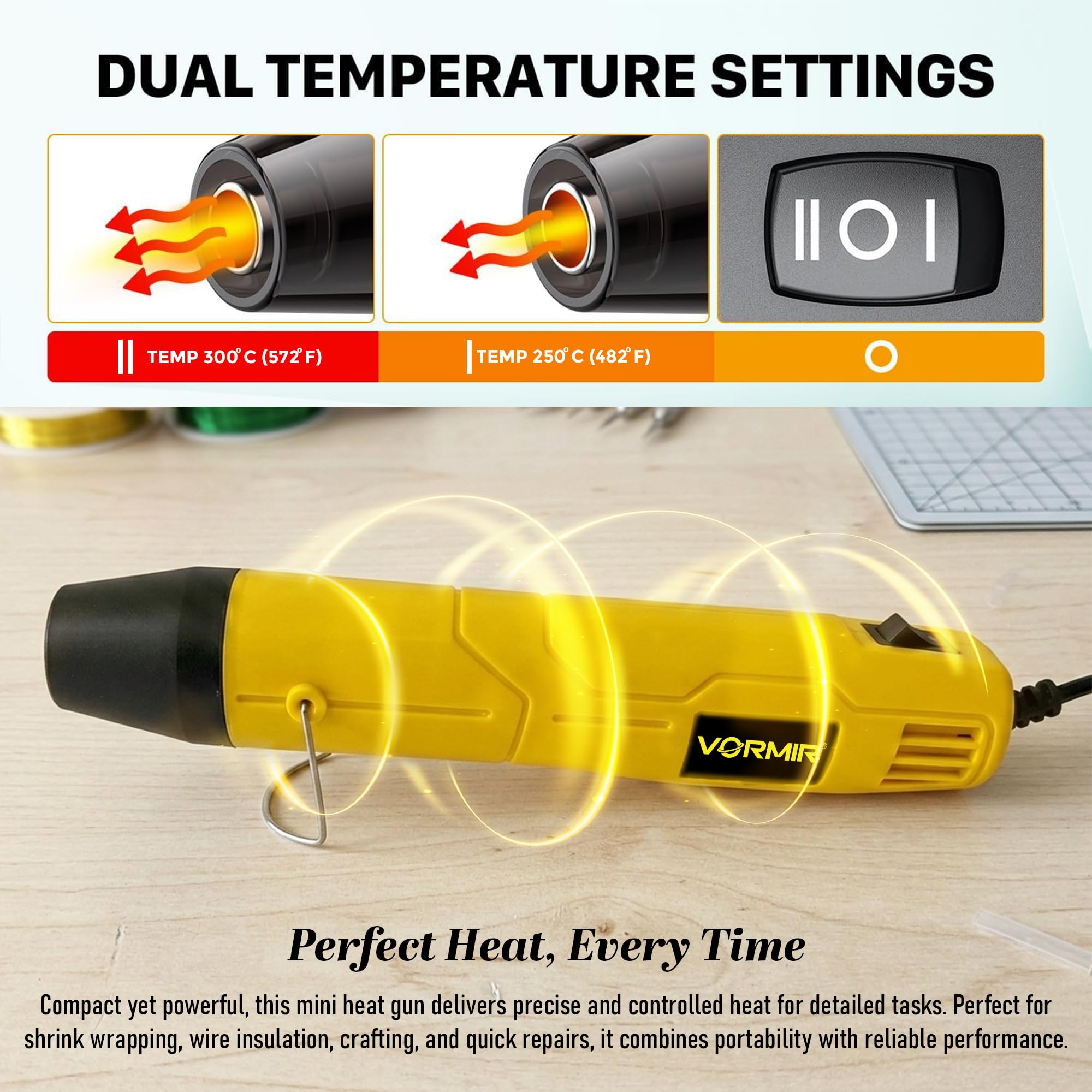 IBELL VORMIR VR HG20-45 Mini Heat Gun 450W | 250–300°C Compact Hot Air Tool for DIY, Craft, Shrink Tubing & Repair Work | Class II Protection | 220-240V Heat Gun - 12 months Warranty