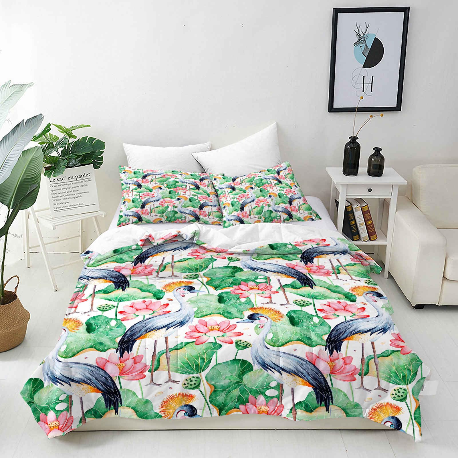 ANHOPE Custom Duvet Cover & Pillowcase Personalised Size Bedding Set with Watercolor Lotus Flower Bird Printed Pattern Personalised Quilt Cover for Kids Adults Family