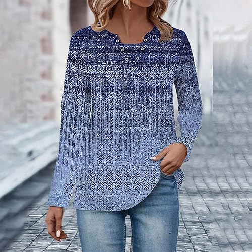 Miniatura 2 de Camisetas para mujer, diseño étnico, floral, bohemio, manga larga, cuello Henley, cuello en V, con botones