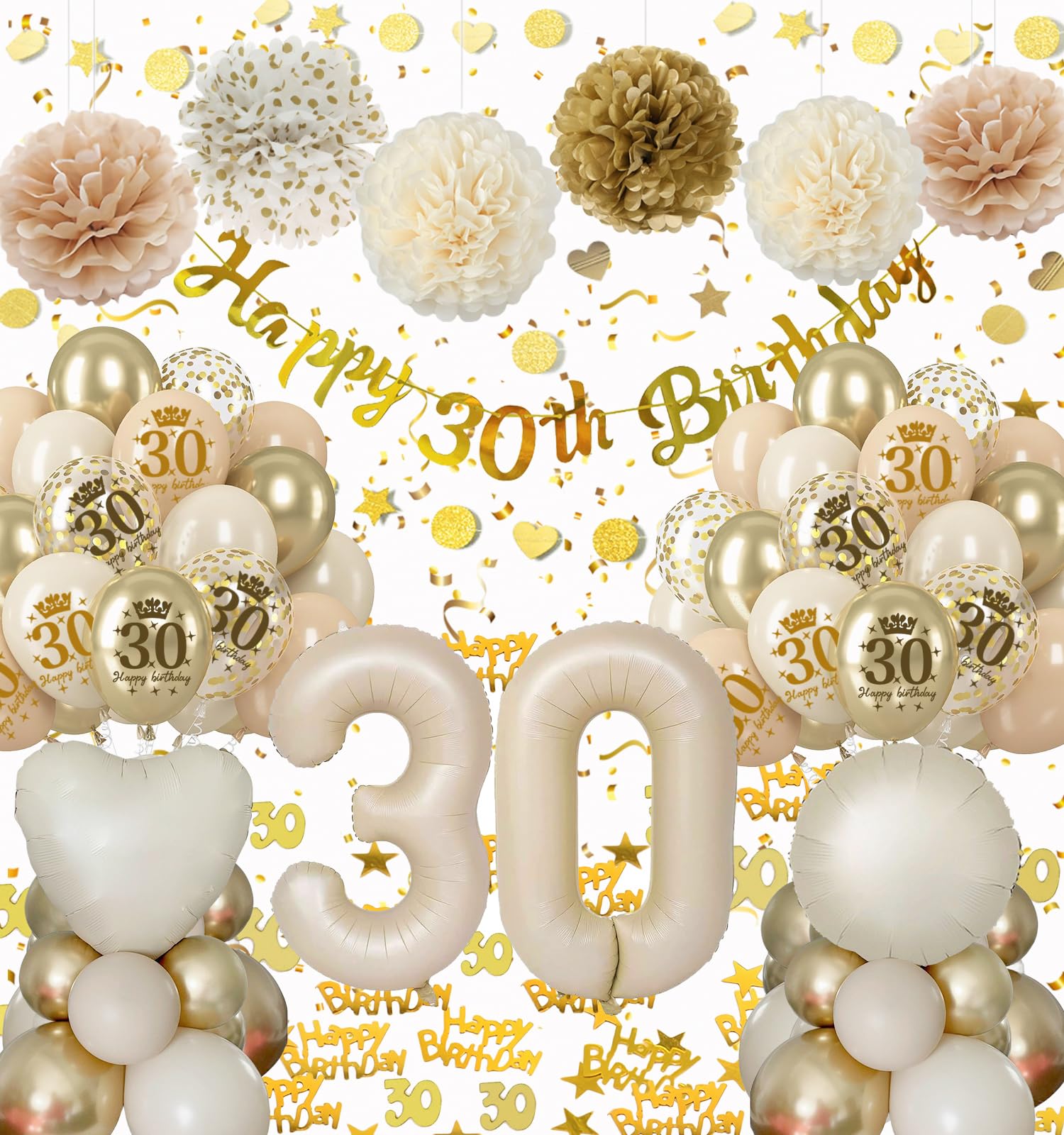 Palloncini 30 Anni Compleanno Donna, Beige Oro 30 Anni Decorazioni Ragazza, Compleanno 30 anni Addobbi Happy Birthday Striscione Palloncino con 30 numeri Coriandoli Ragazza Decorazioni Festa