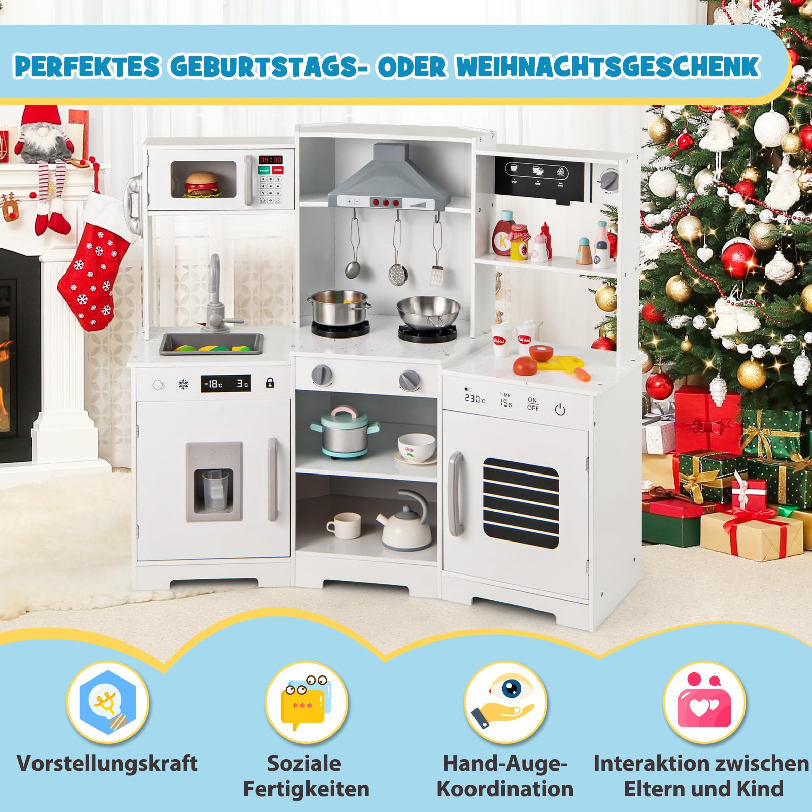 GOPLUS Kinderküche Holz, Spielküche Kinder mit Licht und Sound, Spielzeugküche mit Zubehör, Dunstabzugshaube, Eismaschine, Spüle, Mikrowelle & Ofen, Kinderspielküche für Kinder ab 3 Jahren (Weiß)