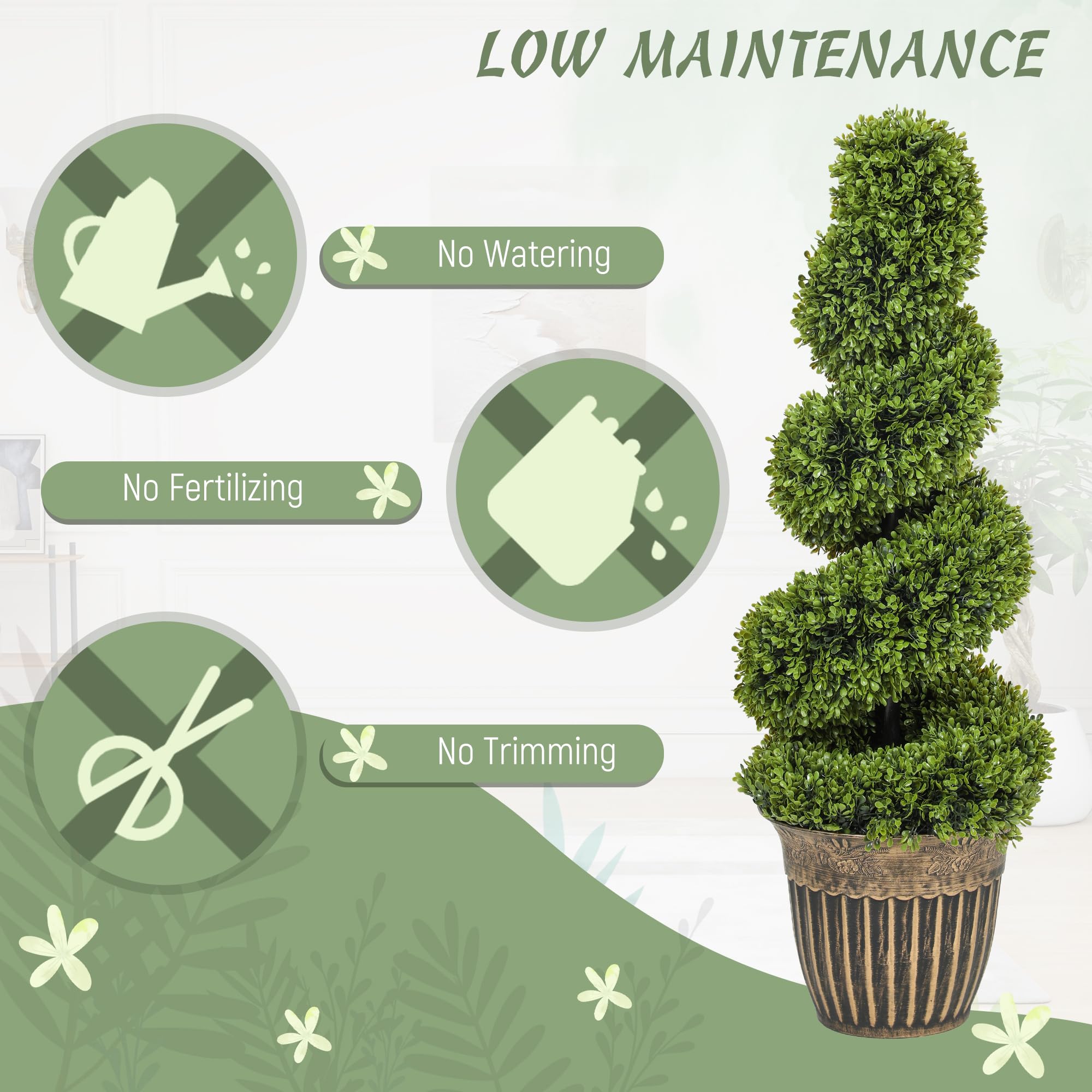 HOMCOM Juego de 2 plantas artificiales decorativas topiarias en espiral de boj en maceta, plantas falsas para decoración del hogar, interiores y exteriores, 90 cm, verde claro