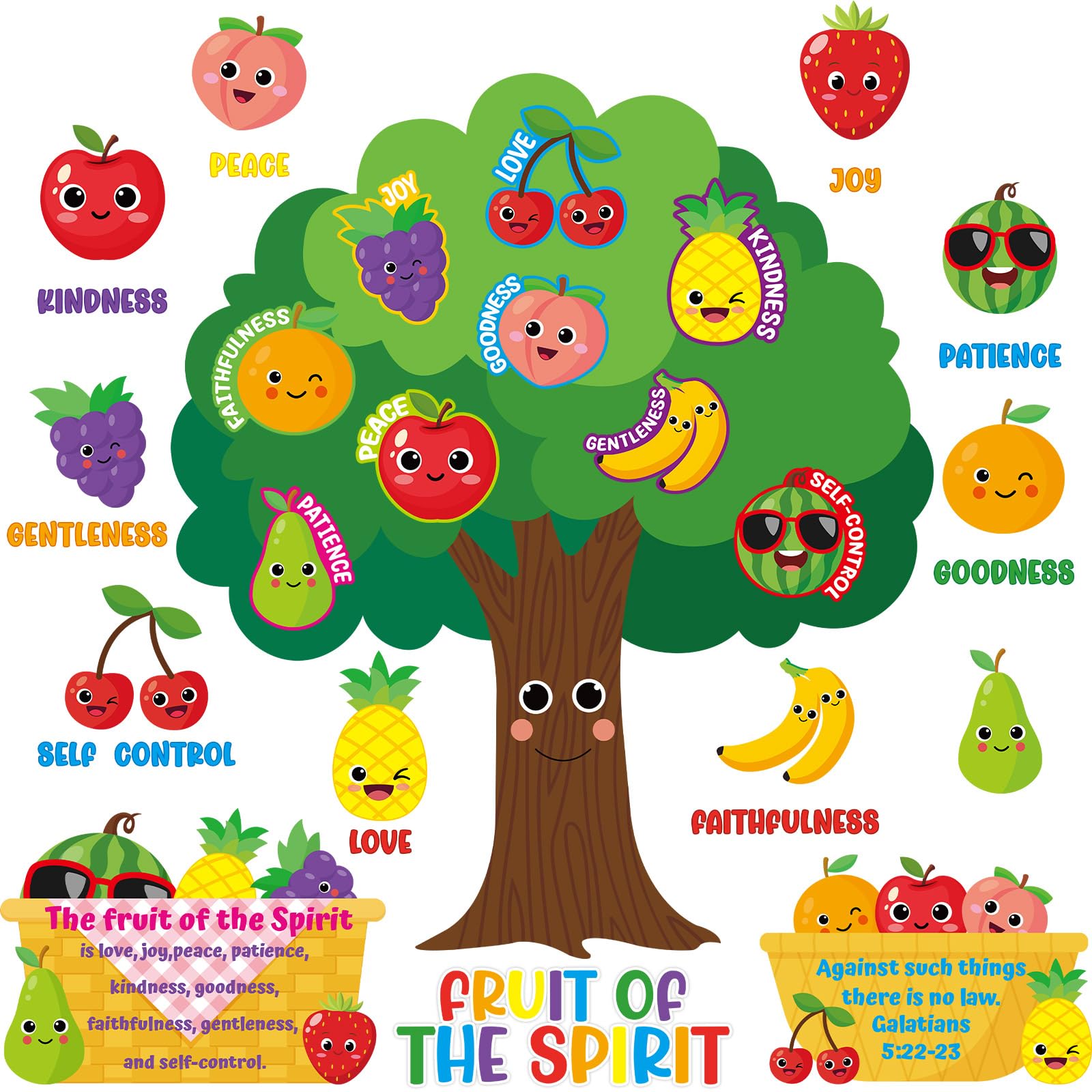 Fruit of The Spirit Bulletin Board Set VBS Vacation Bible School Paper Cutouts Back to School Classroom Decorations Wall Tree Decor for Sunday School