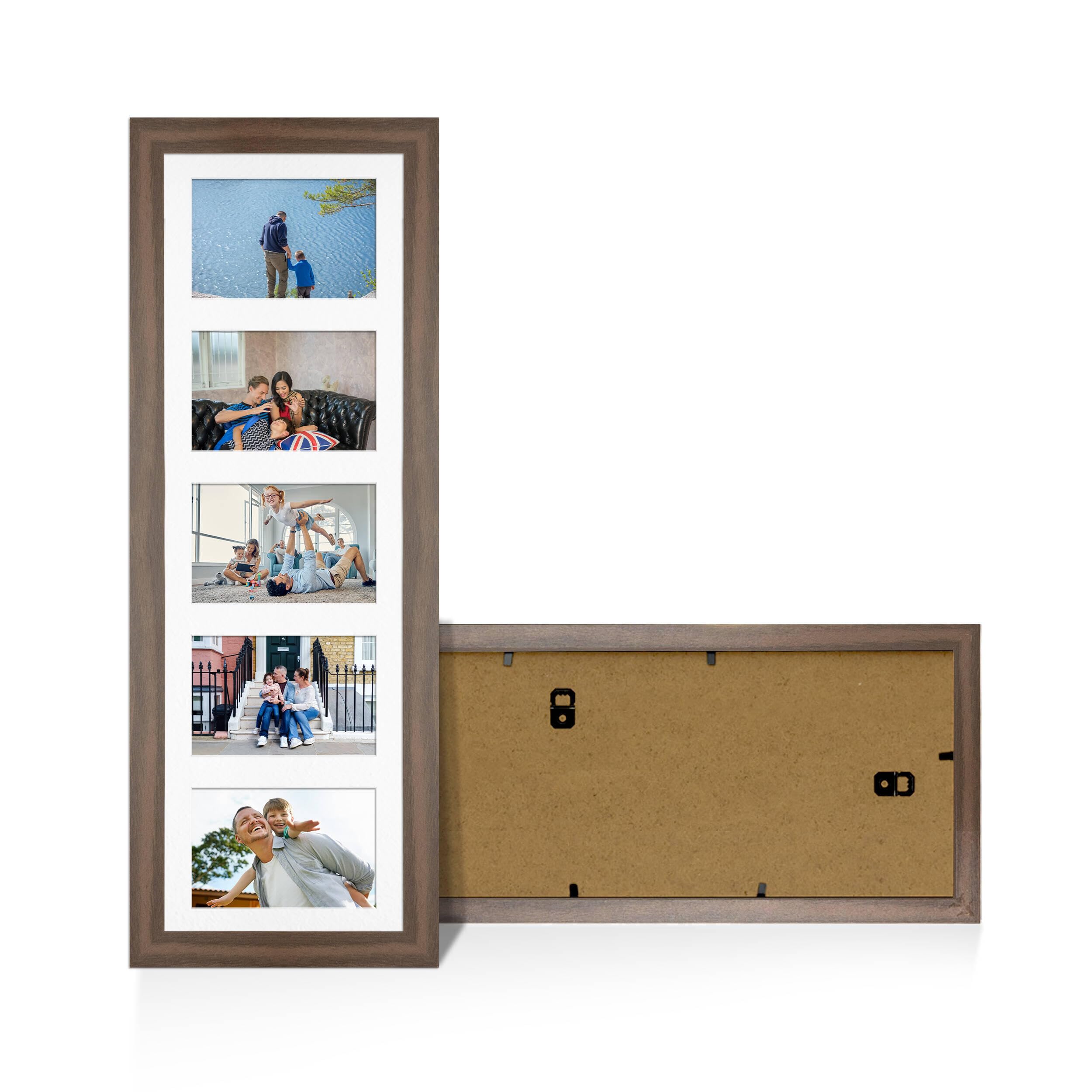Alison Kingsgate Walnut 26x8 Photo frames for multiple pictures - 5 Apertures Collage Frame with White Mount - Holds (5x) 6x4 Photos - Engineered Wood & Perspex