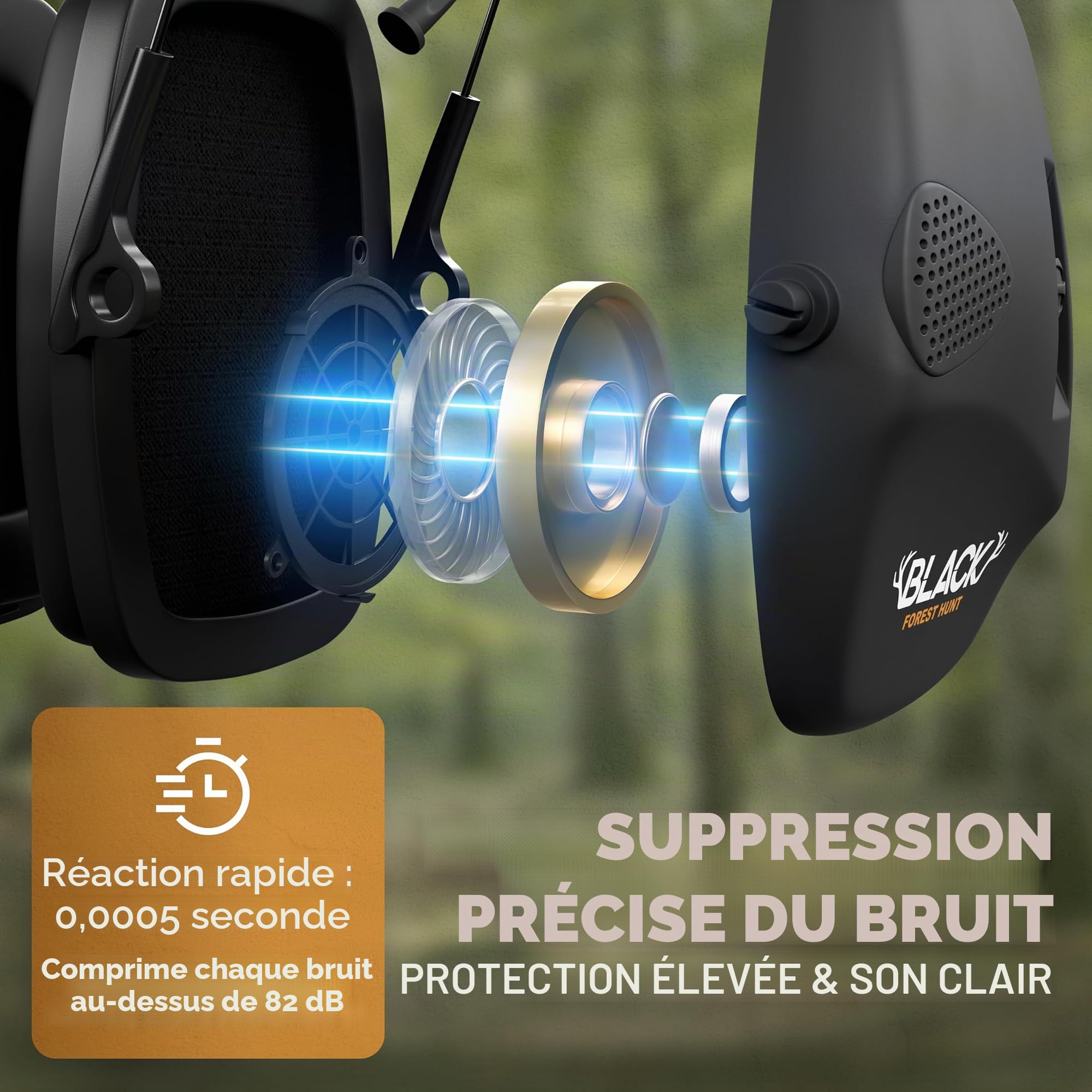 Protection auditive active - Réduction du bruit 82 dB - Réduction de bruit 5 fois avec microphones directionnels - Entrée audio - Casque pliable
