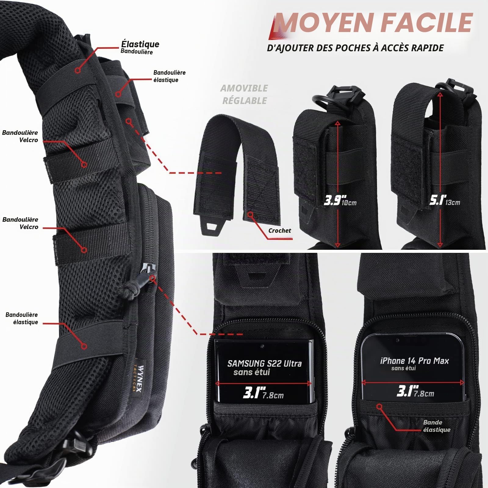 WYNEX Pochette Tactique Molle pour Bretelle de Sac à Dos - Poche Supplémentaire pour Sac Militaire - Fixation à Bandoulière pour Accessoires
