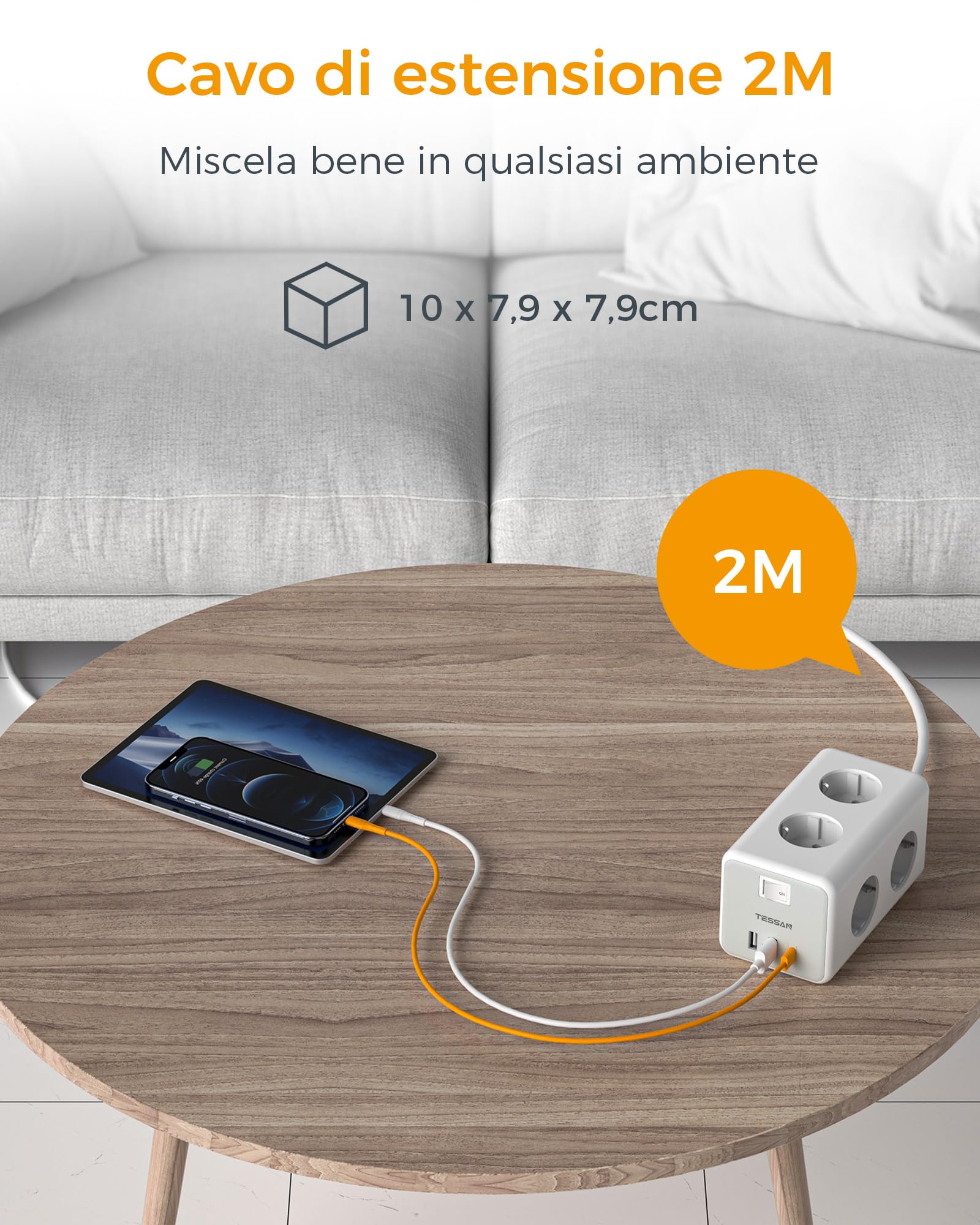 TESSAN Ciabatta Multipresa con USB C e 6 Prese, 9 in 1 Ciabatta Elettrica con Interruttore, 3600W Presa Multipla Cavo 2M, Multipresa da Scrivania per Casa e Ufficio