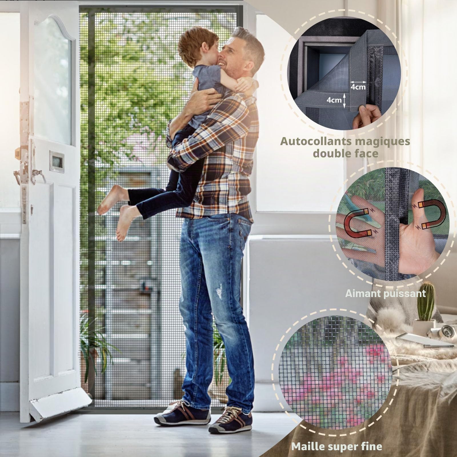 MAGICDOOR Moustiquaire Magnétique 240x220cm-Gris en Fibre de Verre | Ouverture Latérale Rideau de Porte Antimoustique Maillage Fine sans Perçage Moustiquaire Aimantée pour Salon Chambre Coucher