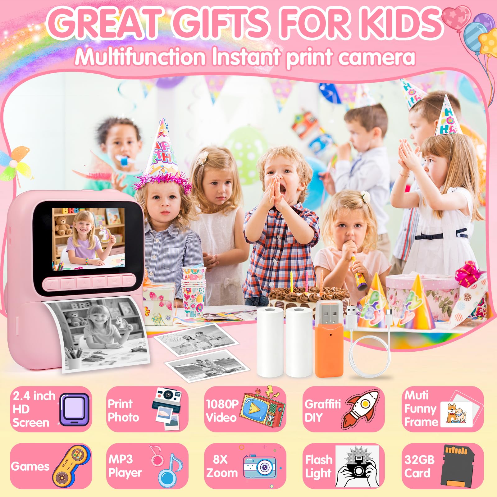 Macchina Fotografica Bambini Istantanea,2,4" Fotocamera Istantanea,1080P HD Fotocamera Digitale con 32 GB Scheda,6 Rotoli di Carta da Stampa e Penne Colorate,Regalo per Ragazze Ragazzi da 3-12