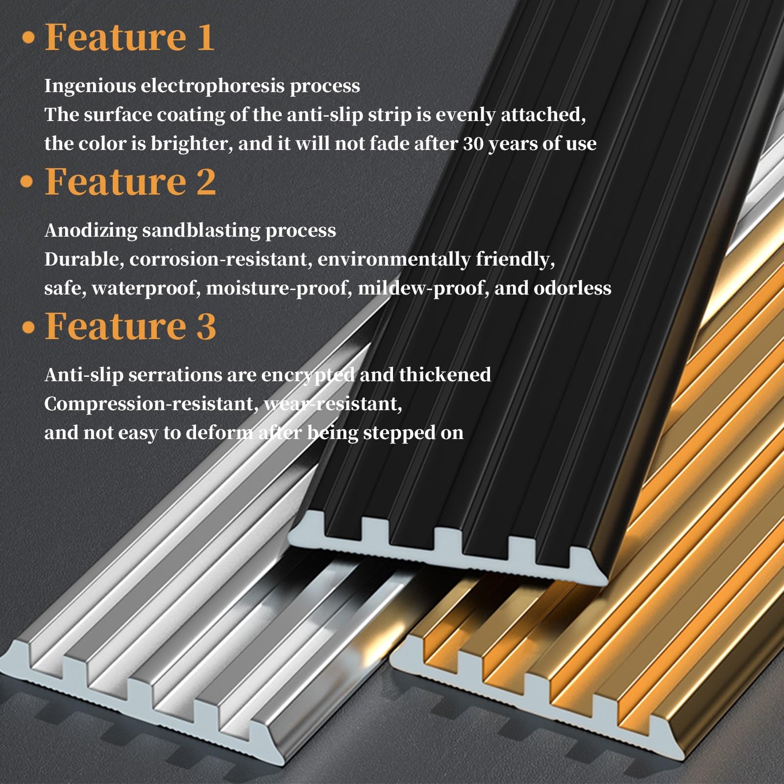 FORRTY Tiras antideslizantes de aleación de aluminio para escaleras,Protector de borde de escalera,Tiras antideslizantes para peldaños,Peldaños adhesivos antideslizantes para escalera,Impermeabl(Plata