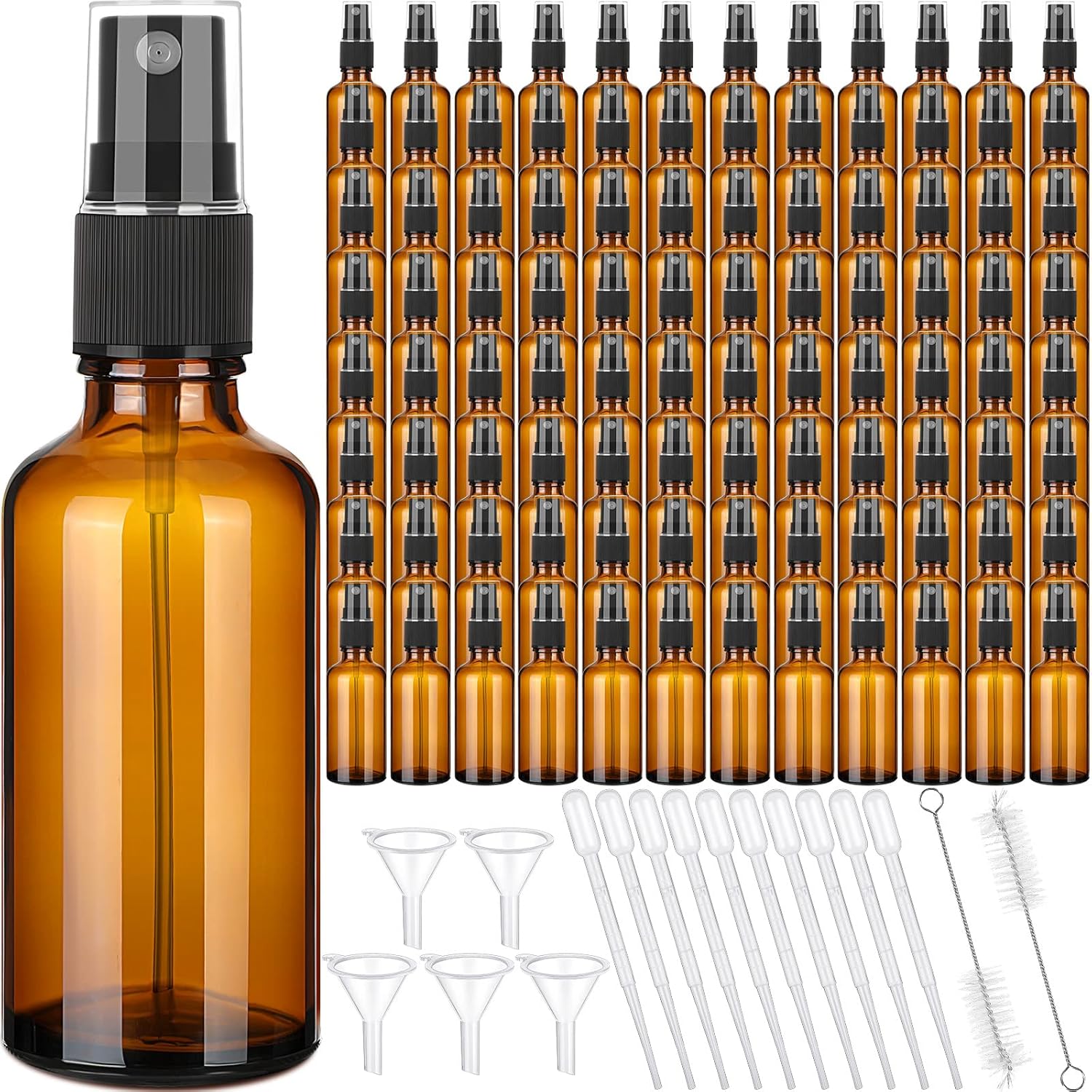 Nuogo 100 Pcs 2 Oz Glass Spray Bottles, Fine Mist Spray Bottle Refillable Cosmetic Bottles Empty Small Bottle with 10 Droppers, 5 Funnels, 2 Brushes for Essential Oil Cleaning Solutions(Black)