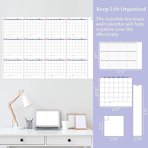 Miniatura 7 de Calendario grande de borrado en seco para pared, calendario de pared anual sin fecha, borrado en seco, 37 x 58 pulgadas, calendario de pared