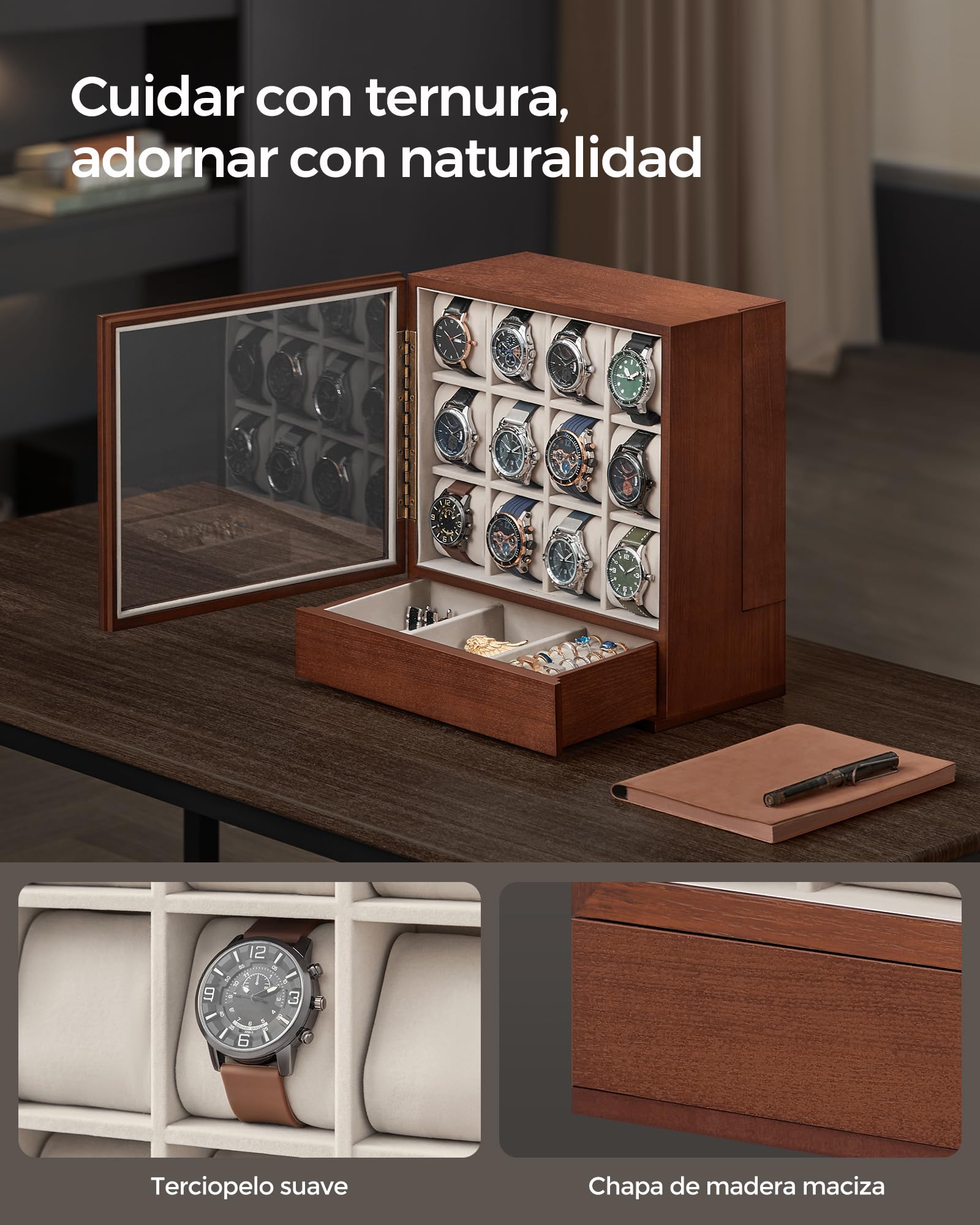 SONGMICS JOW014K01 Caja de relojes con 12 cajones, caja de reloj de madera con ventana, gabinete de exhibición de madera de chapa maciza, almacenamiento vertical, ahorro de espacio, idea