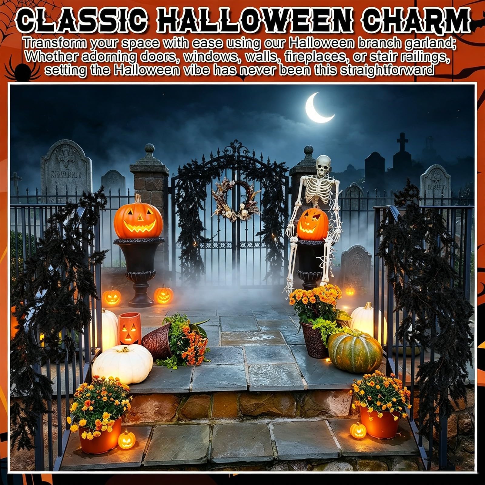 Künstliche Halloween-Girlande Schwarz Gotische Blätterranke 270CM