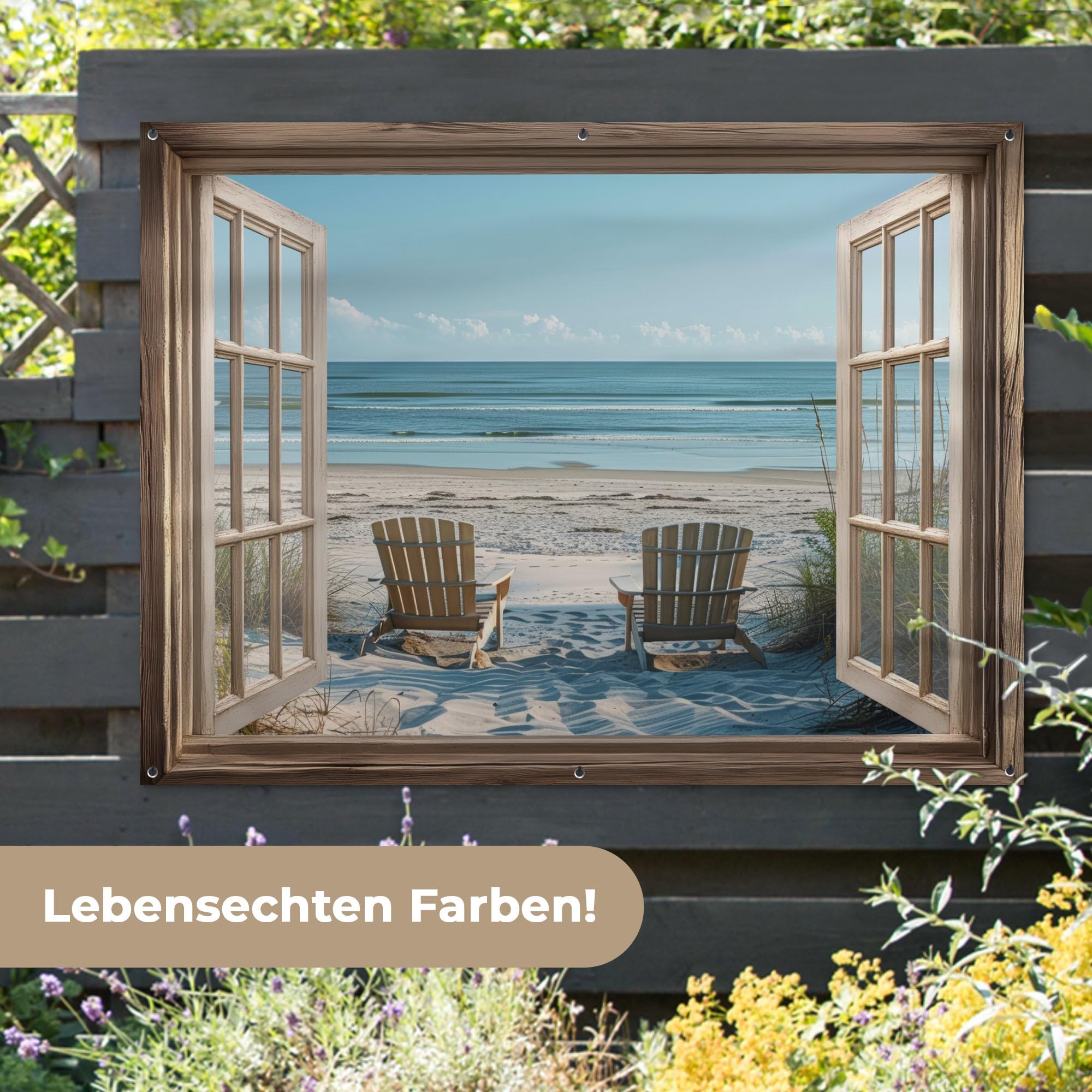MuchoWow© Gartenposter Outdoor Bilder Gartendeko für draußen Wetterfest | 160x120 cm - Garten Deko Banner Draußen Bild Garden Decoration Fensterblick - Strand - Dünen - Meer - Natur