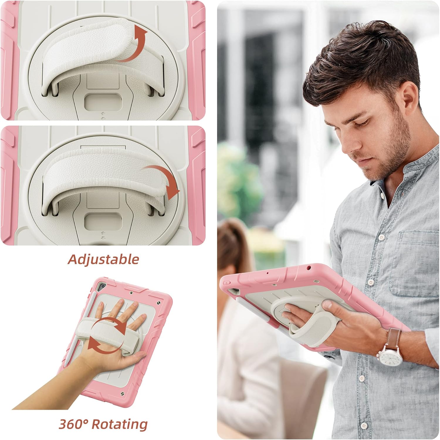 Case for iPad 6th/5th Generation 9.7'' with Screen Protector Pencil Holder [360 Rotating Hand Strap] &Stand, Drop-Proof Case for iPad 6th/5th/ Air 2/ Pro 9.7 (Pink&Beige) - Image 8