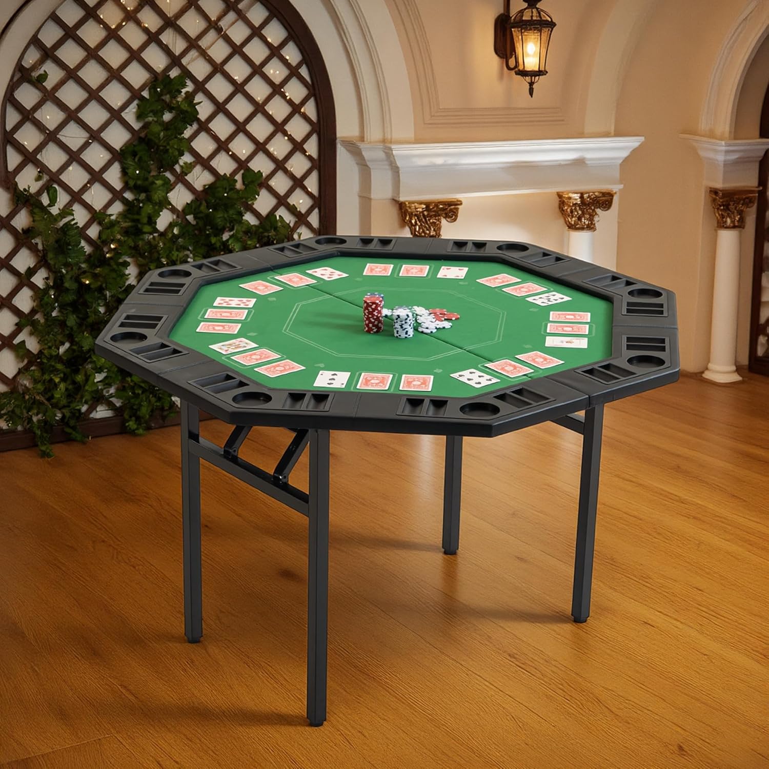 Poker Table Foldable, 8-Player Octagon Poker Game Table with Chip Trays & Collapsible Legs, Portable Folding Casino Table for Texas Holdem, Home Game Nights, Green