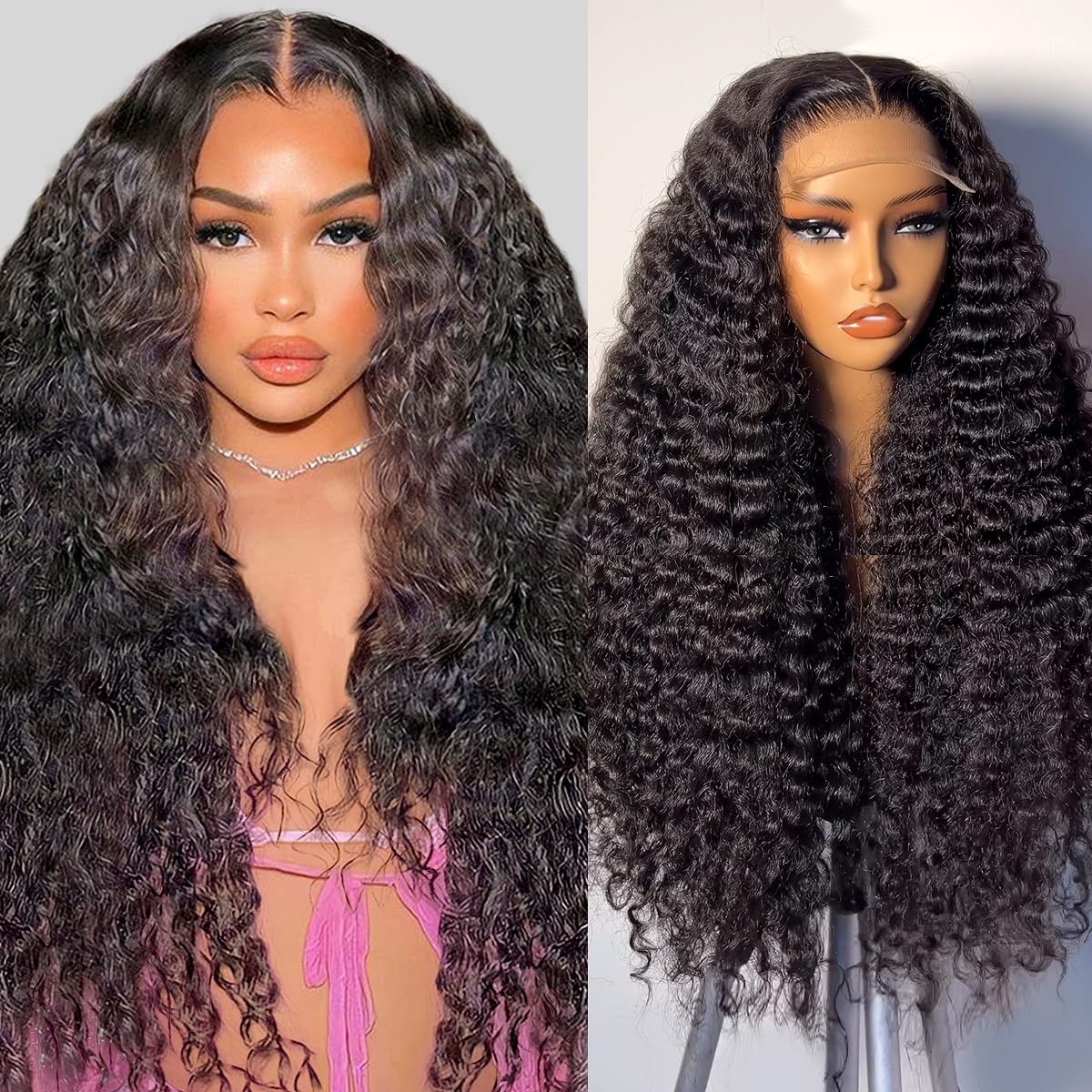 5x5 Lace Closure Wigs Human Hair Deep Wave Pre Plucked Curly HD Transparent Lace Front Wigs with Baby Hair Natural Hairline 200 Density Gluesless Human Hair Wigs for Women Natural Black Color 26 Inch