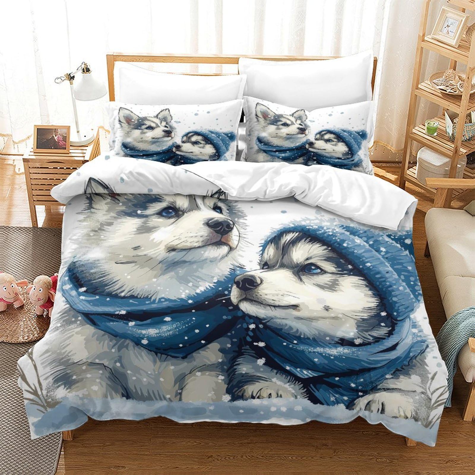 Coppia Lupo Carina 3D Stampata Copripiumino Microfibra Arredo Camera Set Biancheria da Letto Lupi Morbido per Adulti Giovani Casa Super king（260x220cm）