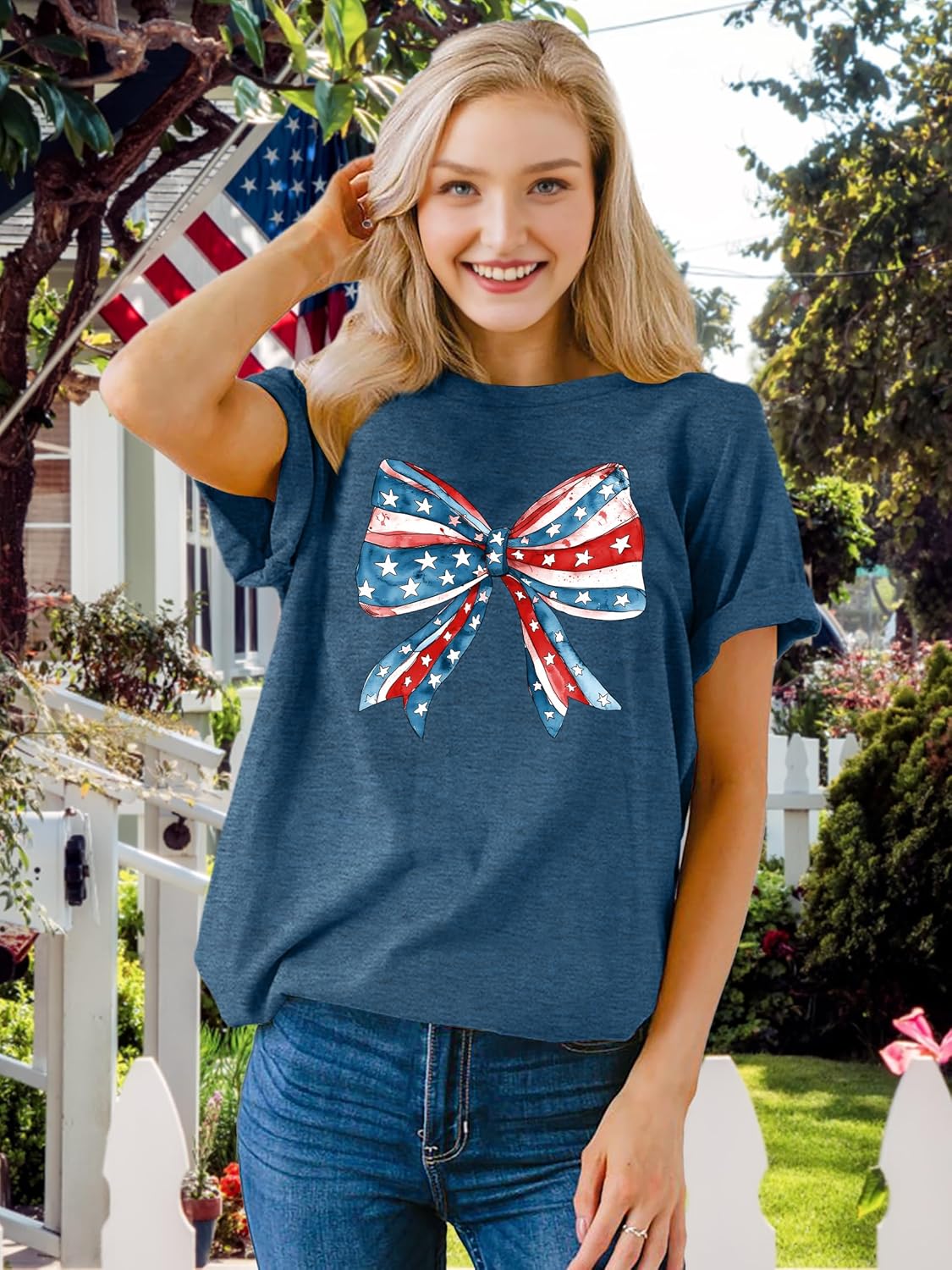 4th of July T-Shirt Women Independen Day Patriotic Tee American Flag Bow Shirt USA Flag Print Casual Short Sleeve Tops - Image 4