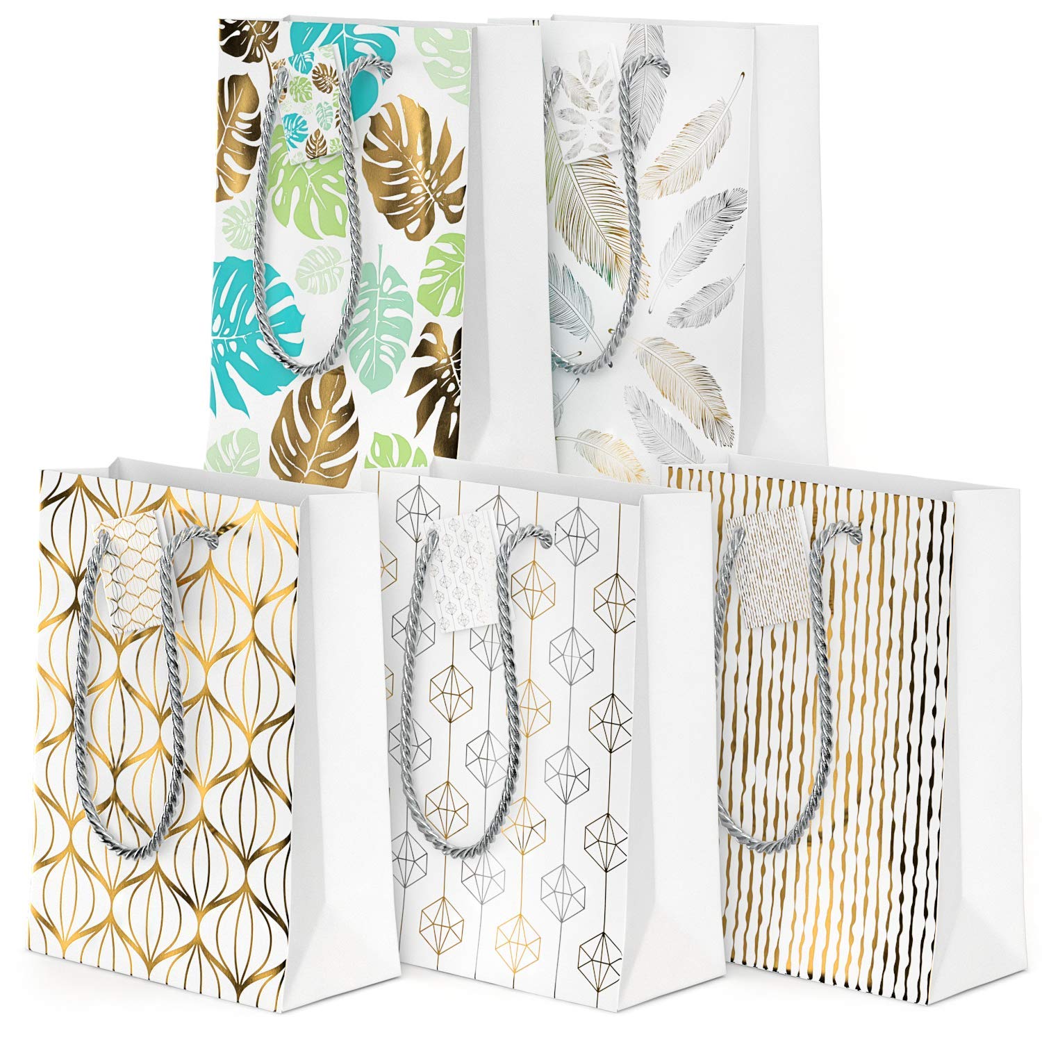Arteza Borsa Regalo Carta, (24 x 17.8 x 8.6 cm), Set da 15 Sacchetti (5 Diversi Designs su Sfondo Bianco, 3 Pz per Ogni Tipo), Perfette per Ogni Occasione Regalo, Laurea e Diploma, Feste di Compleanno